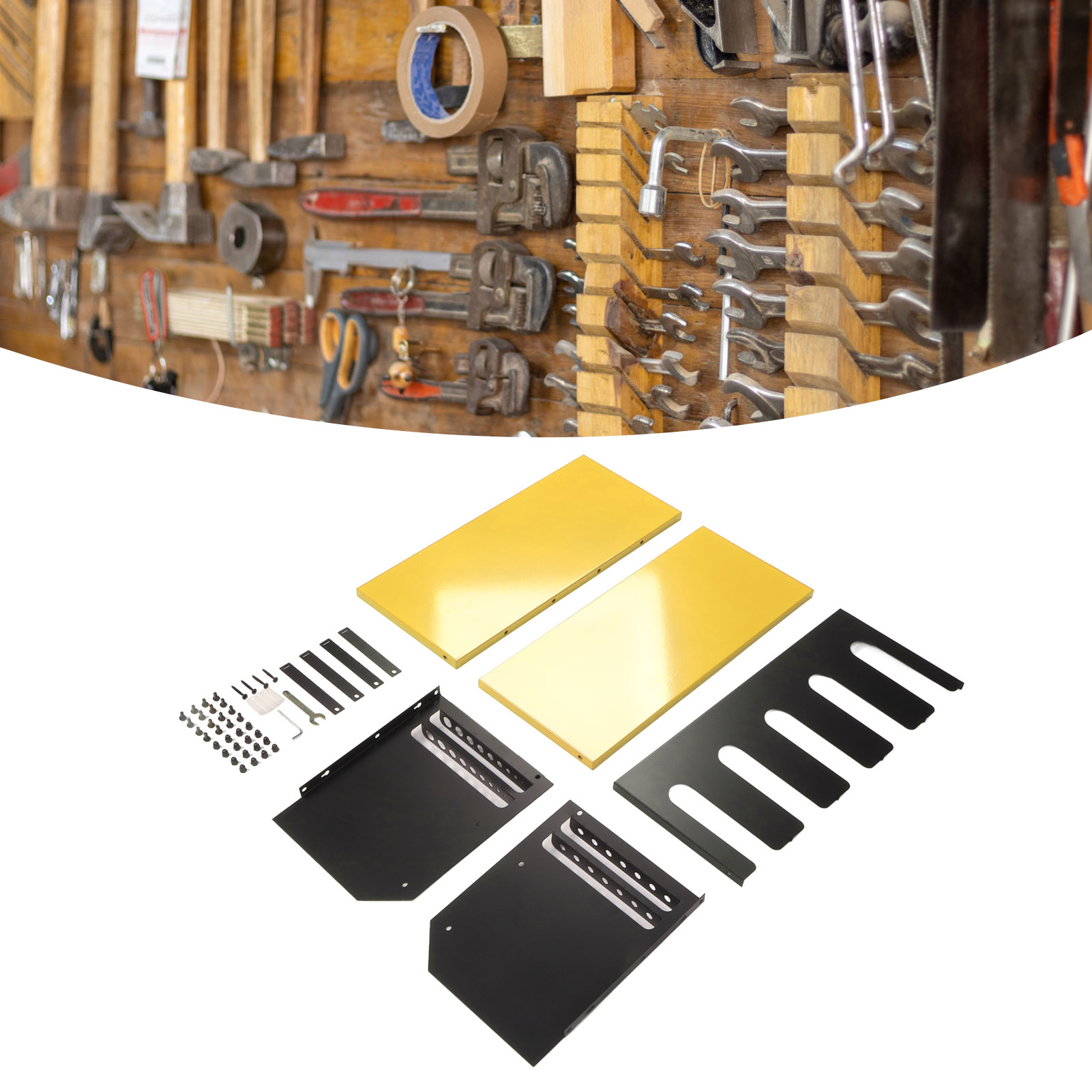 Gelbes Wandregal Für Elektrische Bohrmaschinen, Schraubendreher Und Werkzeuge.