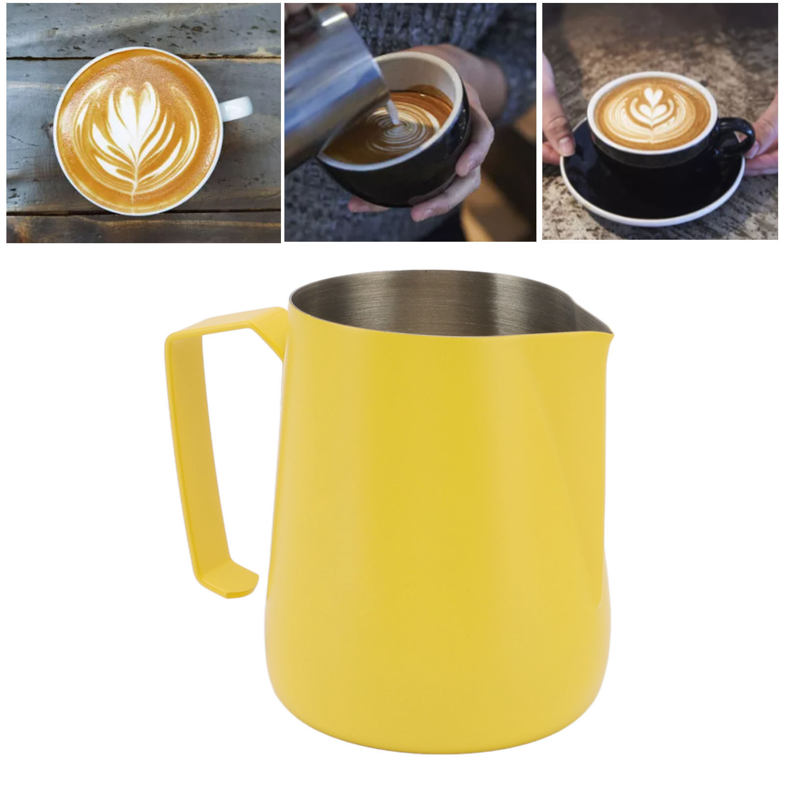 Latte-art-becher Mit Spitzem Ausguss, Ep 450 Ml, Aus Edelstahl, Gelb, Mit Integriertem Milchaufschäumer.
