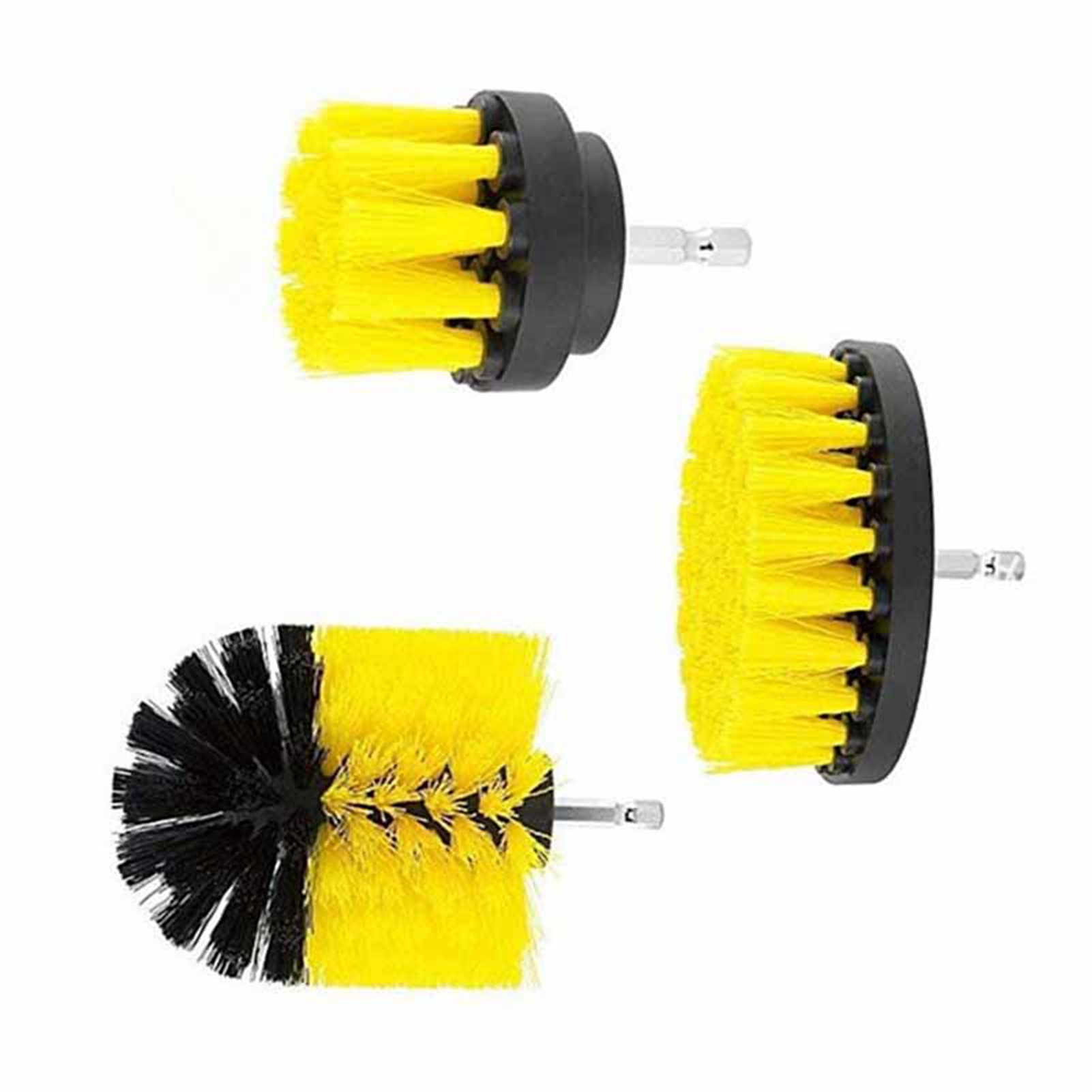 Set Aus Drei Gelben Bürsten Für Elektrische Bohrmaschinen: Bodenbürste, Teppichbürste, Glasfliesenbürste, Spülbeckenbürste, Randbürste, Toilettenbürste, Reinigungs- Und Polierbürste.