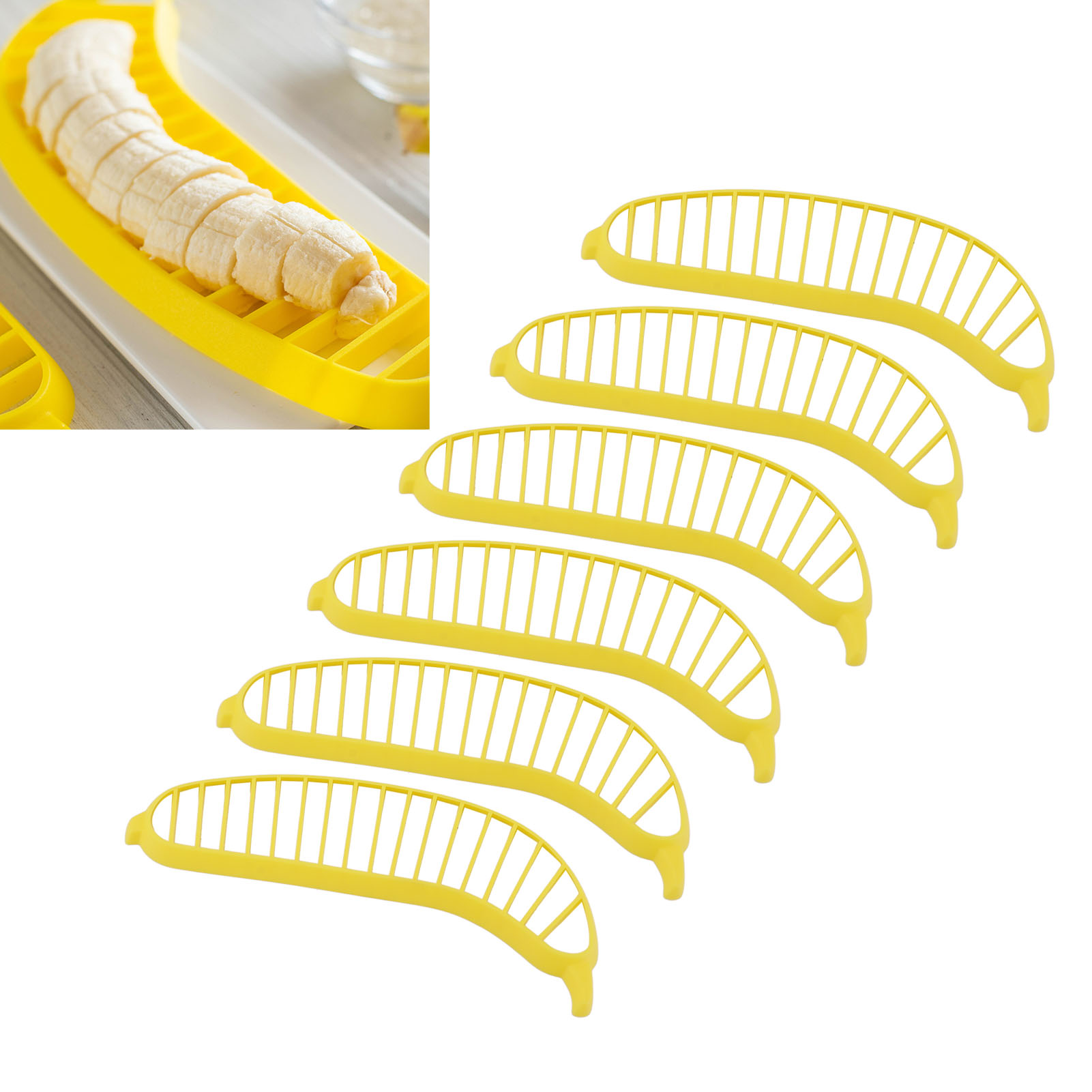 Gelber Bananenschneider Aus Kunststoff, Ein Kreatives Küchengerät Zum Schneiden Von Gurken, Schinken Und Bananen.