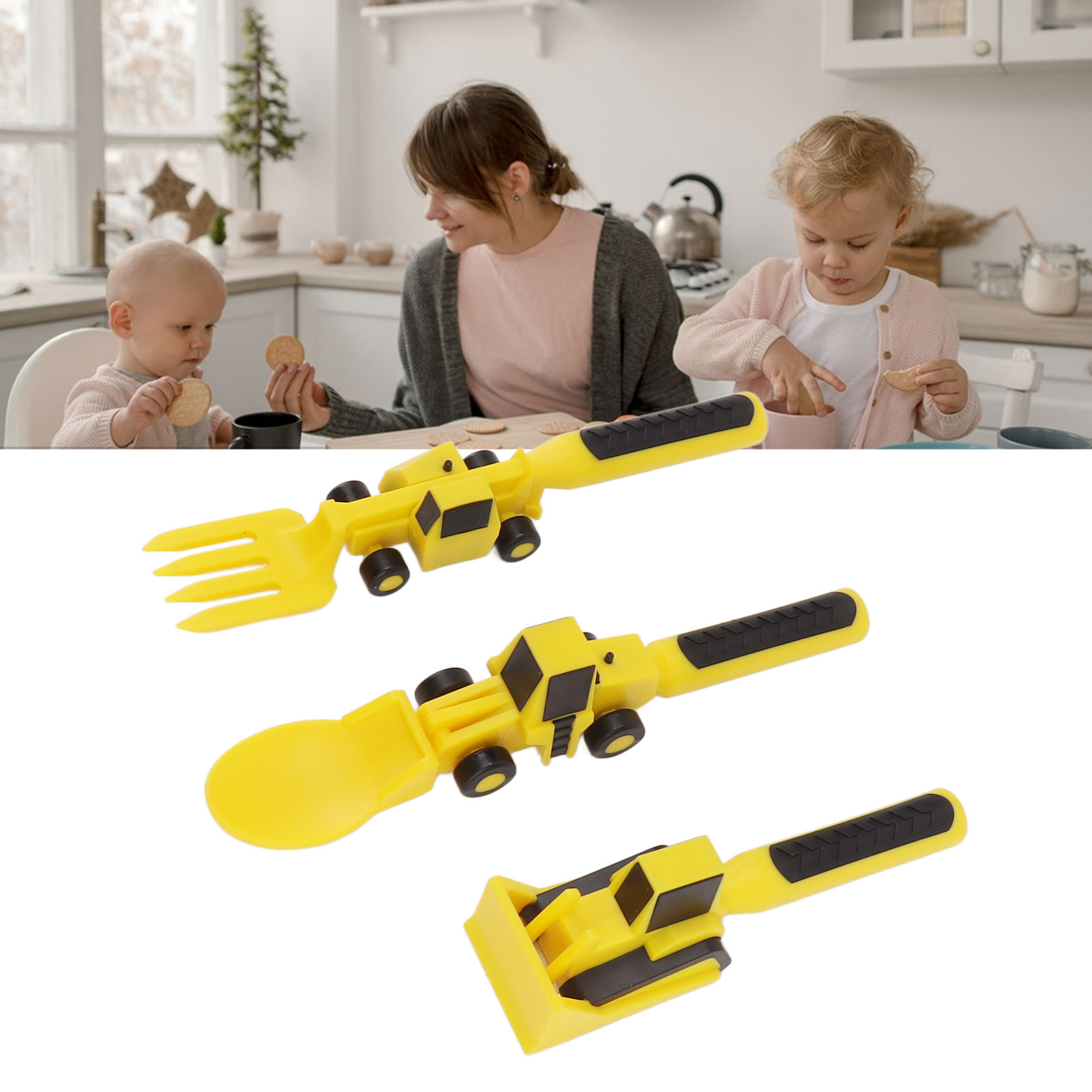Dinneractive Kinderbesteckset Mit Automotiven (bulldozer, Bagger, Schaufel): Messer Und Gabel (3-teilig).