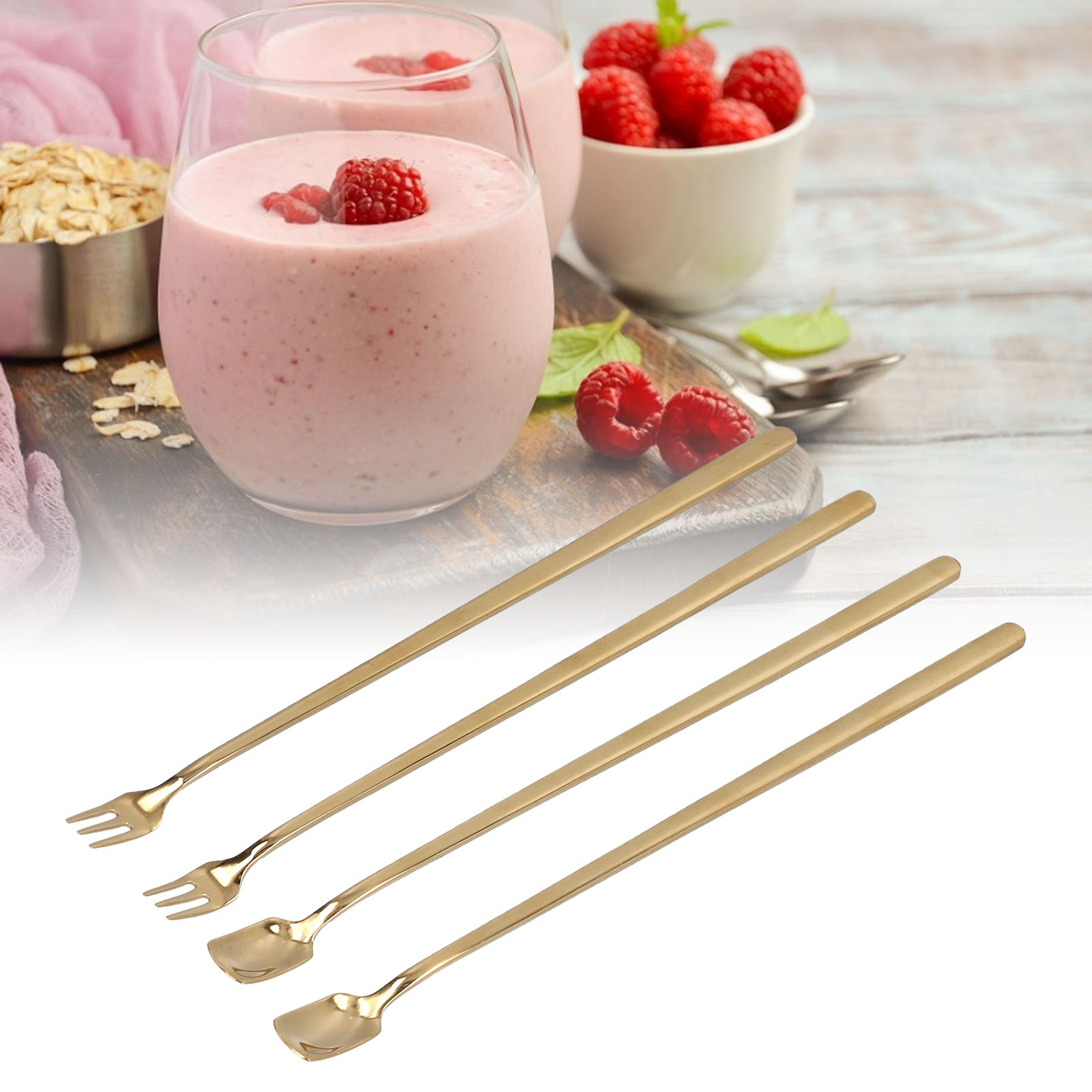 4-teiliges Set Bestehend Aus Rührlöffeln Aus Edelstahl 304 Mit Langen Griffen Und Quadratischen Köpfen, Vergoldeten Mini-eislöffeln Für Die Eisbar, Cocktaillöffeln Und -gabeln.