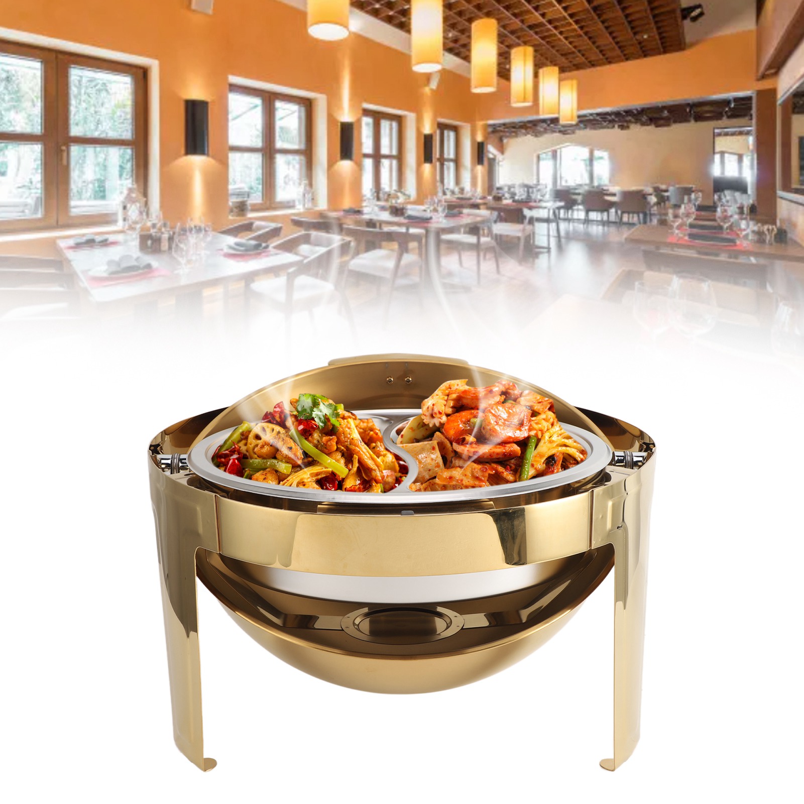 6-liter-buffetwärmer Mit Geraden Beinen, Sichtbar, Mit Alkoholheizung, Runder, Sichtbarer Buffetwärmer Mit Klappbarem Edelstahldeckel Für Hotelrestaurants, Mit Zwei Speisentabletts.