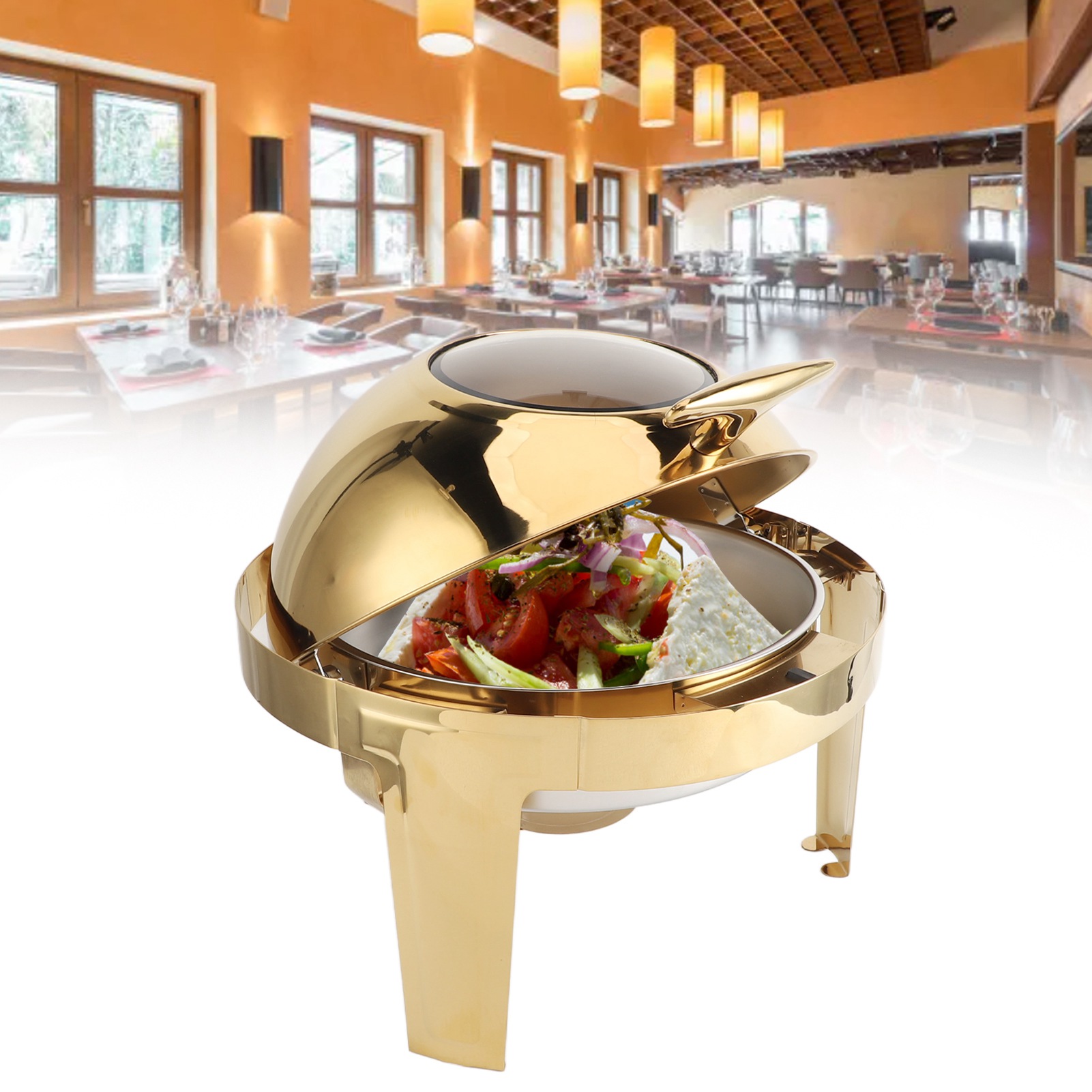 Runder Buffetwärmer Mit Geraden Beinen Und Sichtbarer Alkoholheizung, 6 Liter, Aus Edelstahl Mit Klappdeckel, Für Hotelrestaurants, Inklusive Runder Speisenschale.