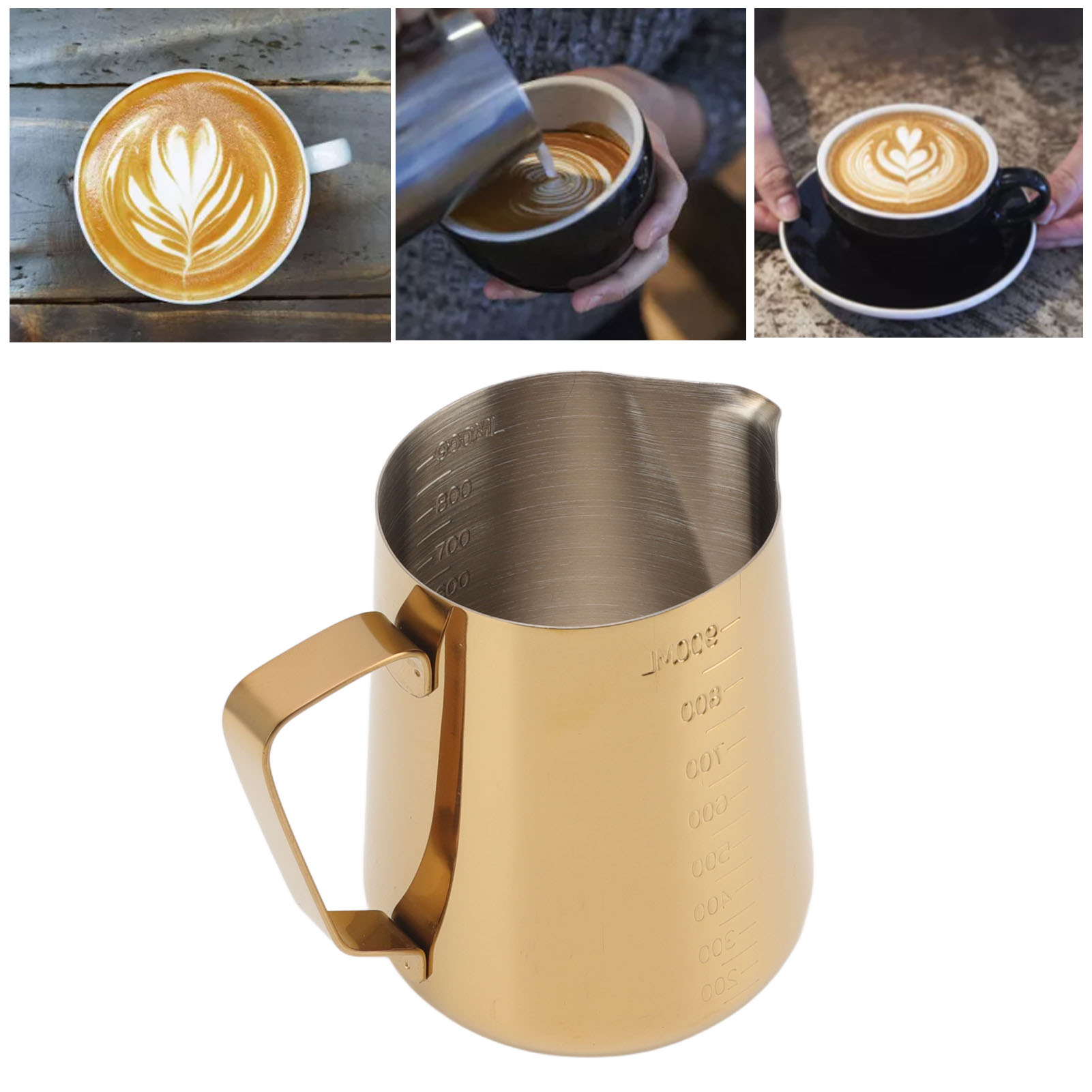 Latte-art-becher Im Italienischen Stil Aus Edelstahl 304 Mit Skala, Ausgießer, 900 Ml, Goldfarben