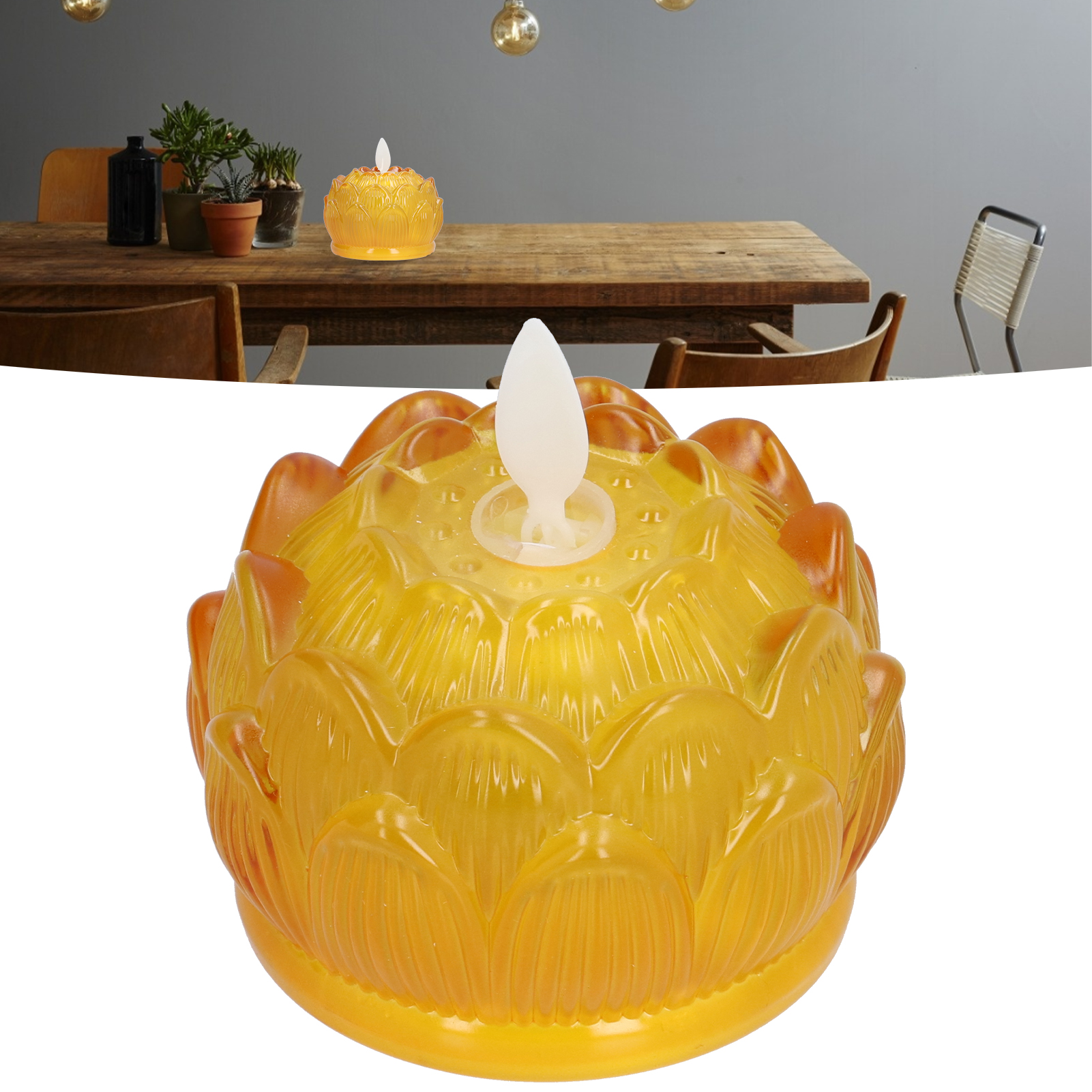 Buddha-lampe Aus Kristall, Led-lotuslampe, Dharma-opferlampe, Elektronischer Kerzenhalter, Batteriebetriebene Buddha-opferlampe, Dauerbrennerlampe, Gelber Kristall.