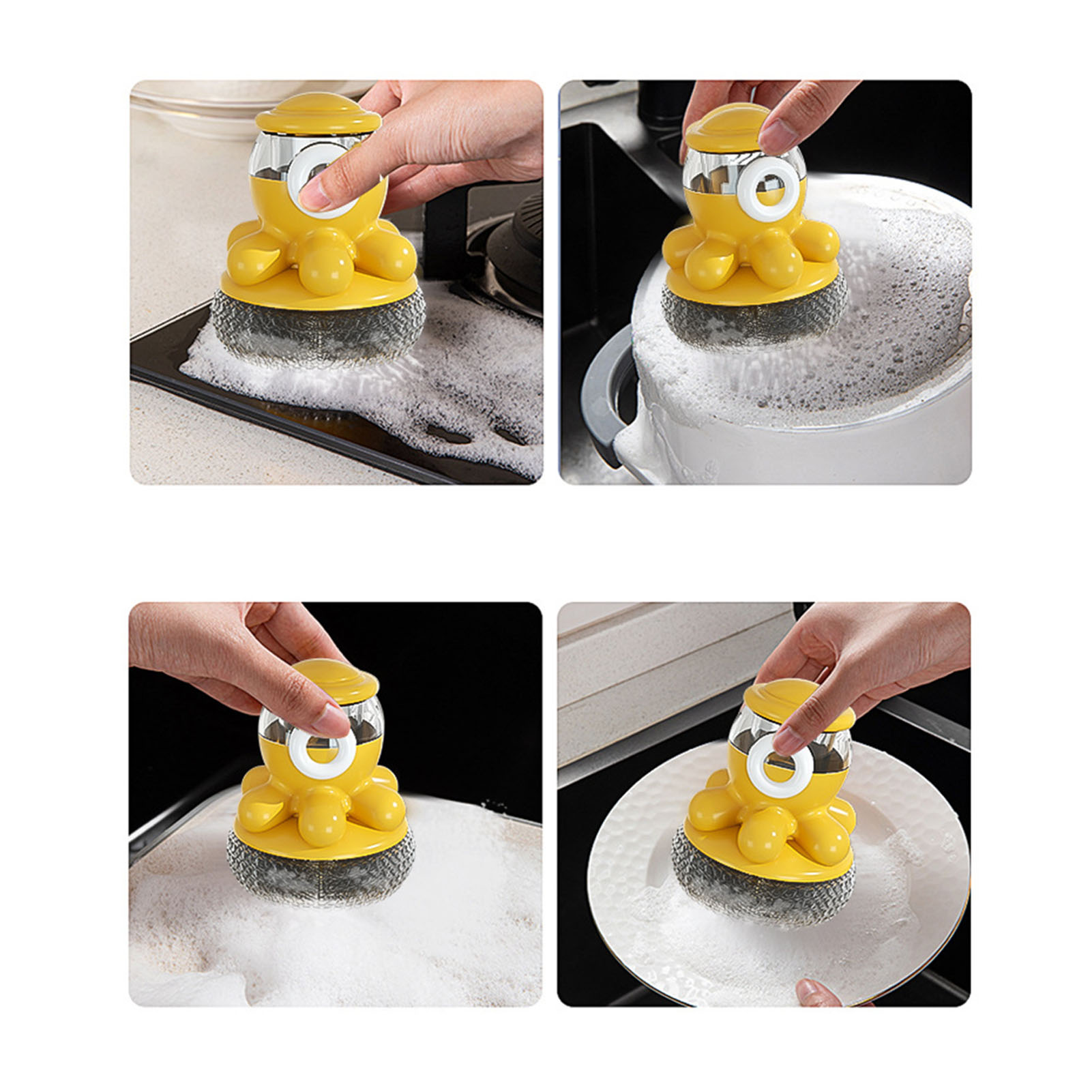Oktopusförmige Scheuerbürste, Automatische Flüssigkeitsdosier-scheuerbürste, Herdreinigungsbürste Mit Druckknopf, Hautfreundlich, Antihaftbeschichtet, Gelb (1993).