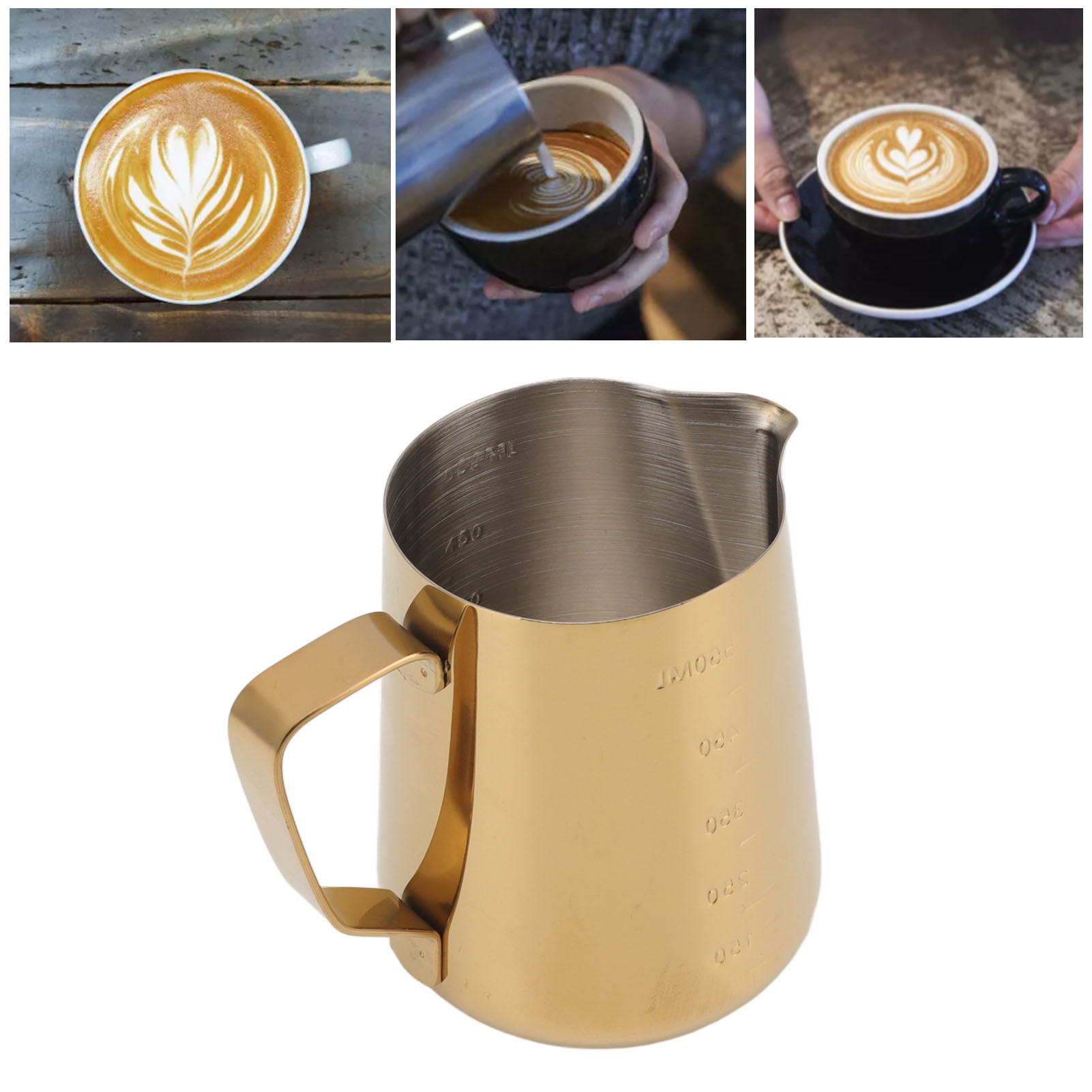 Latte-art-becher Im Italienischen Stil Aus Edelstahl 304 Mit Skala, Ausgießer, 550 Ml, Goldfarben