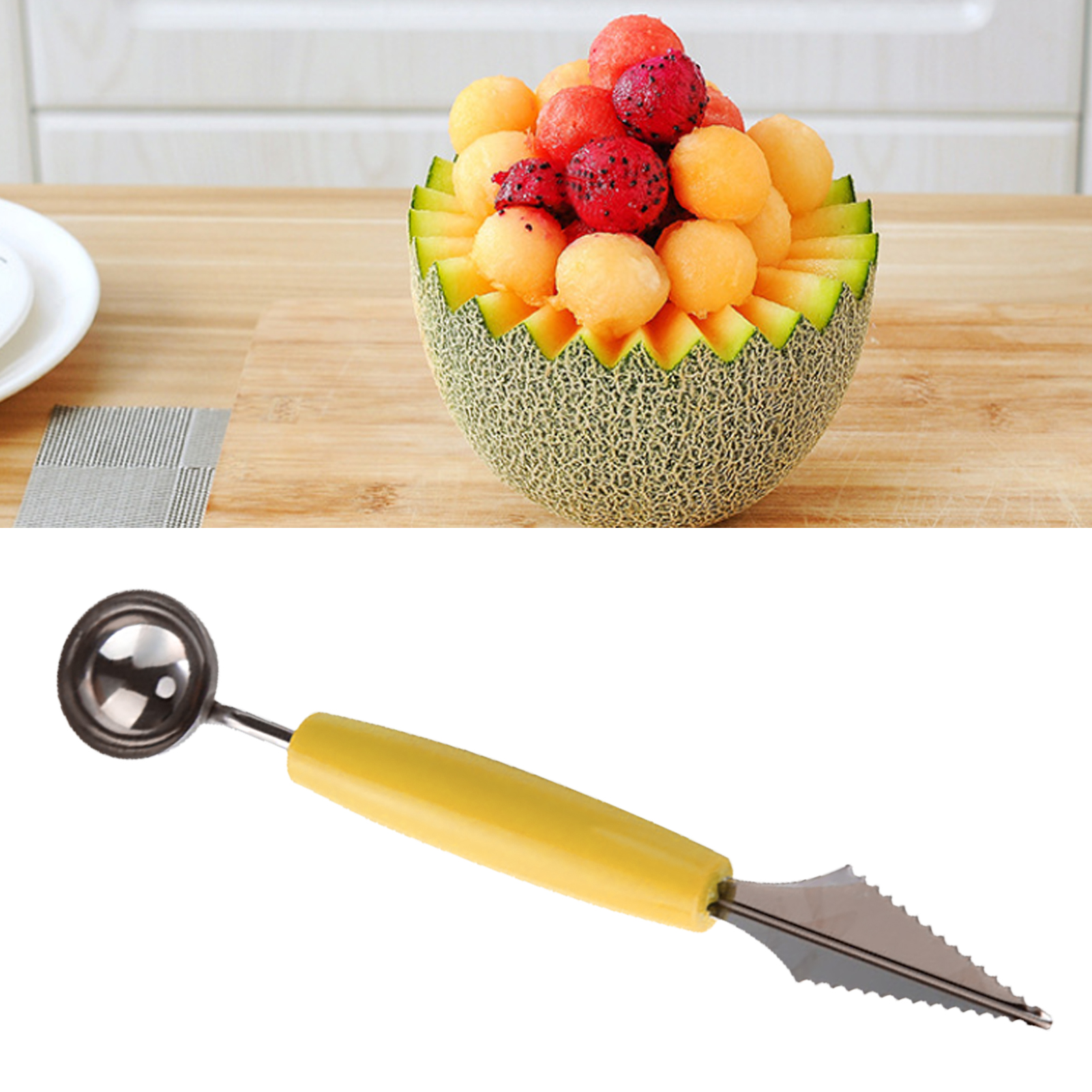 Multifunktionaler, Doppelköpfiger Melonenausstecher Aus Edelstahl Mit Wellenförmig Gravierter Klinge, Melonenausstecher Für Wassermelonen-obstplatten