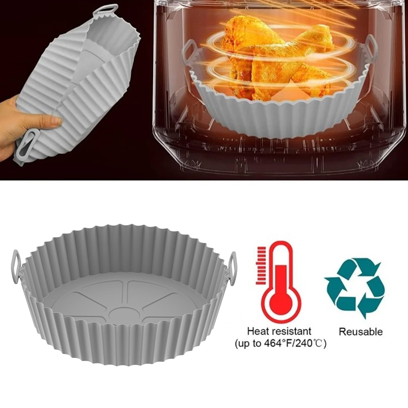 Neue Runde, Dicke Silikon-kochmatte Für Heißluftfritteusen, Auch Für Den Backofen Geeignet, Faltbar, Rund, Grau.