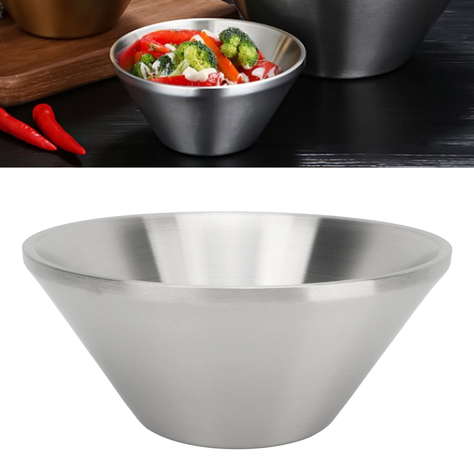 Doppelwandige, Konische Schüssel Aus Edelstahl 304, Ideal Für Reis, Salat, Nudeln Oder Crushed Ice. Naturfarben, 20 Cm.