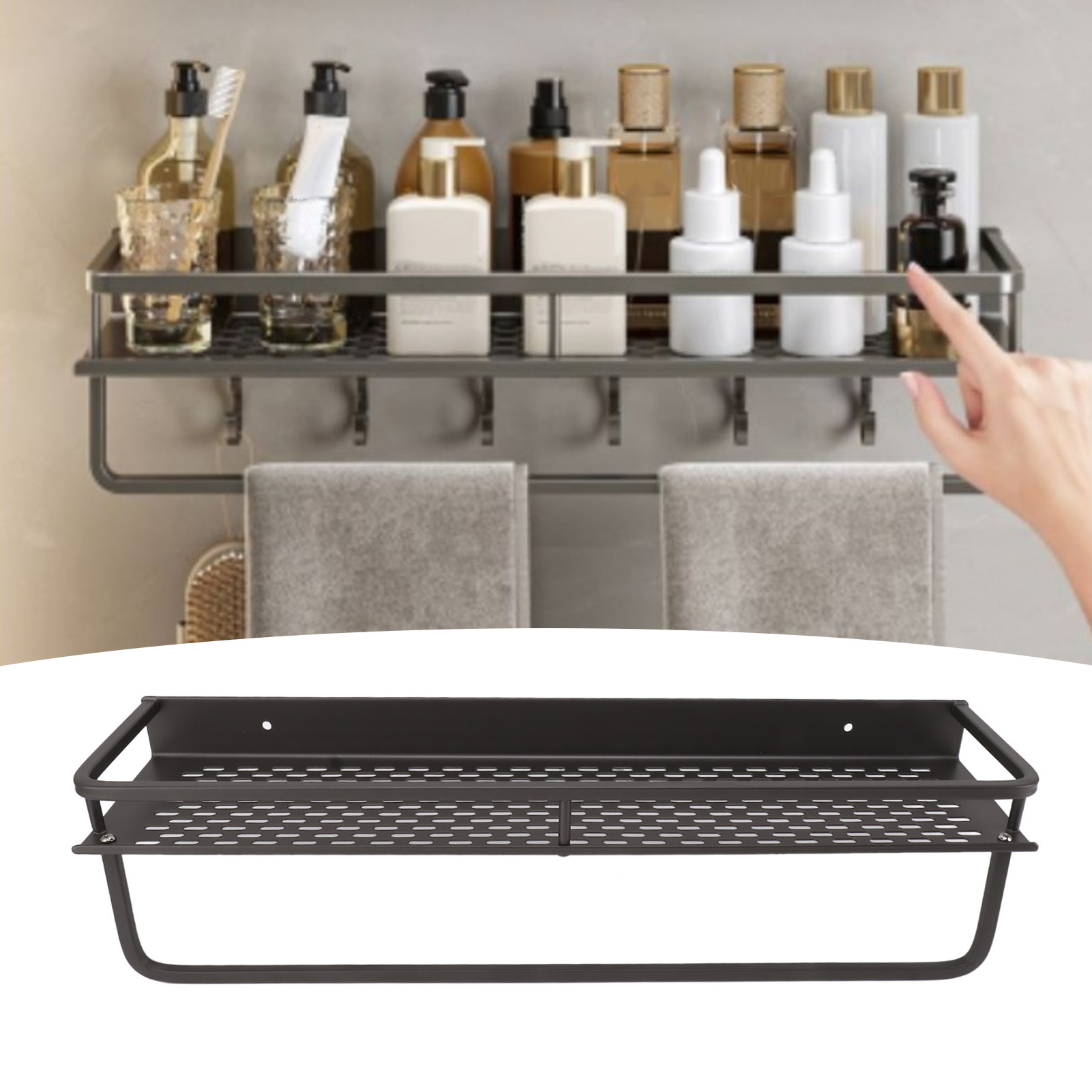 Wandregal Zur Aufbewahrung Von Bad, Wc, Waschbecken, Dusche Und Duschgel, 50 Cm Langes, Anthrazitgraues Regal Mit Stange