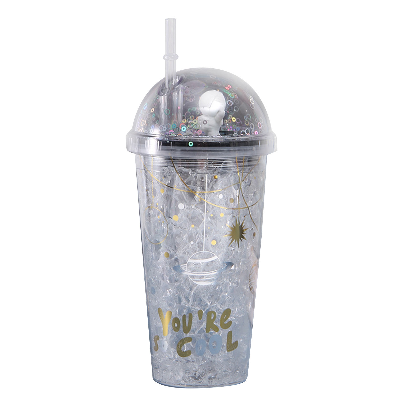 Trendiger Und Kreativer 500-ml-doppelwand-plastikbecher Für Schüler Mit Miniaturplaneten- Und Astronautenmotiv, Wasserflasche Mit Strohhalm, Modell 3