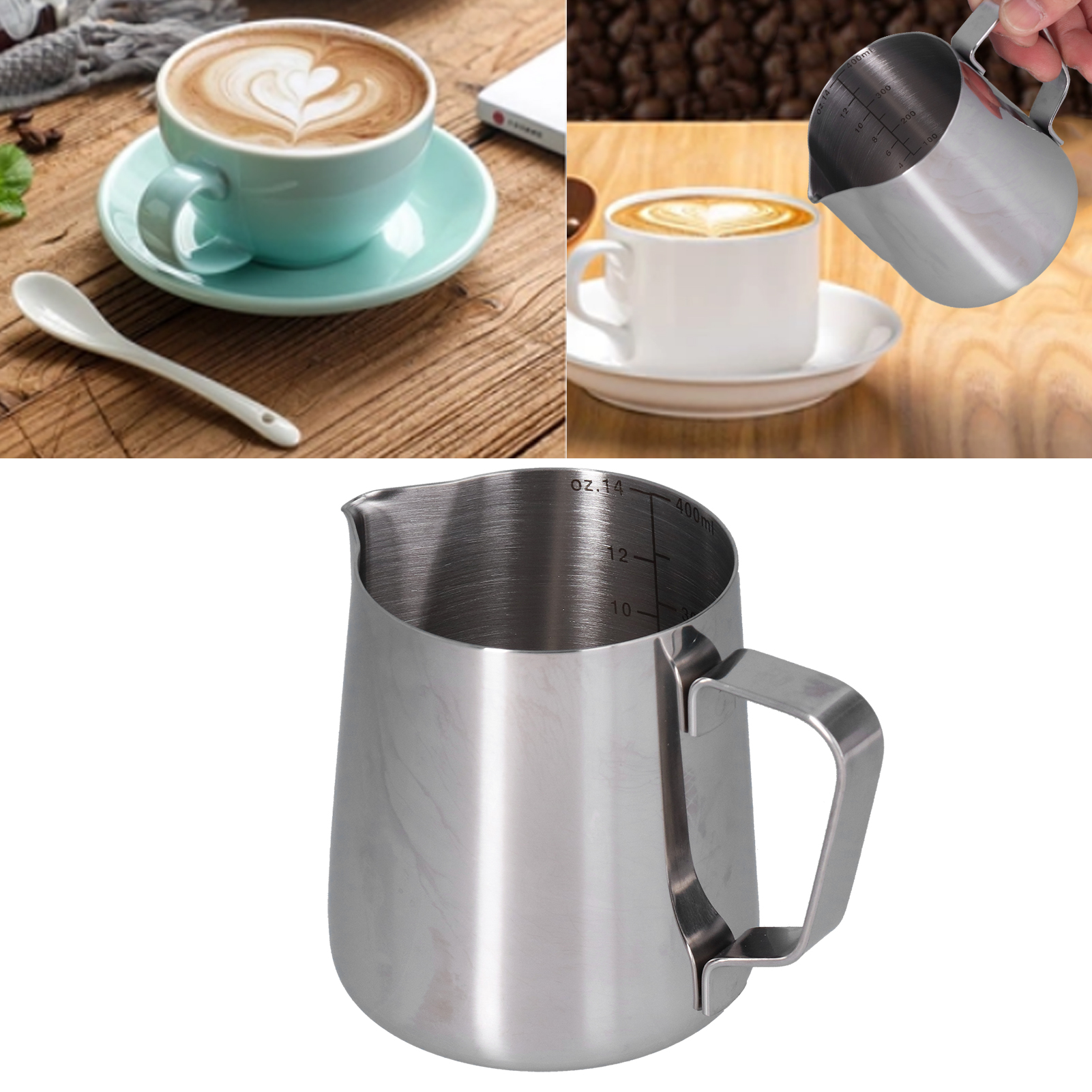 Edelstahlbecher Mit Spitzem Ausguss Für Latte Art, Latte-art-kanne, Eleganter Milchbecher, Kaffeebecher, 400 Ml, Innenliegende Edelstahl-skala, Originalfarbe