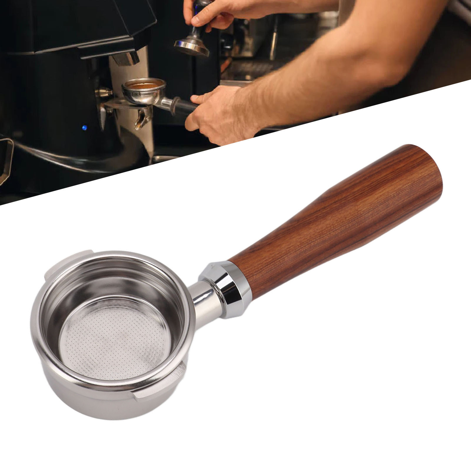 Breville Series 9 58mm Universal-griff Für Kaffeemaschinen, Mit Zwei Griffen, Bodenlos, Edelstahl, Klassisches E-design, Rosenholz-finish.