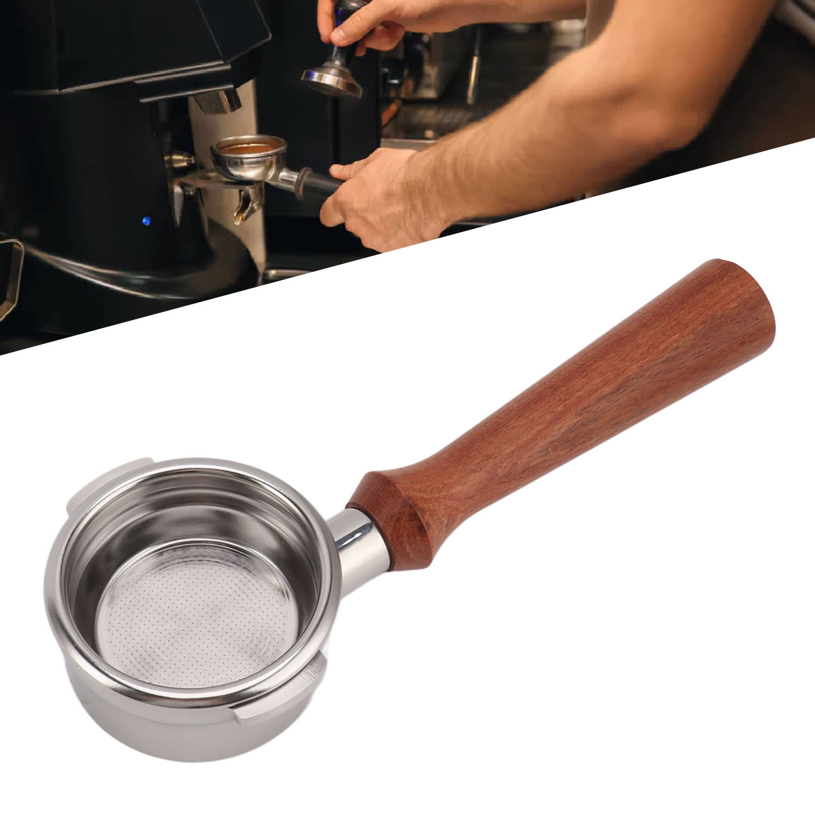 Universeller Griff Für Breville Series 9 Kaffeemaschinen, 58 Mm, Zwei Griffe, Bodenlos, Edelstahl, F-form, Oberfläche Aus Brasilianischem Rosenholz
