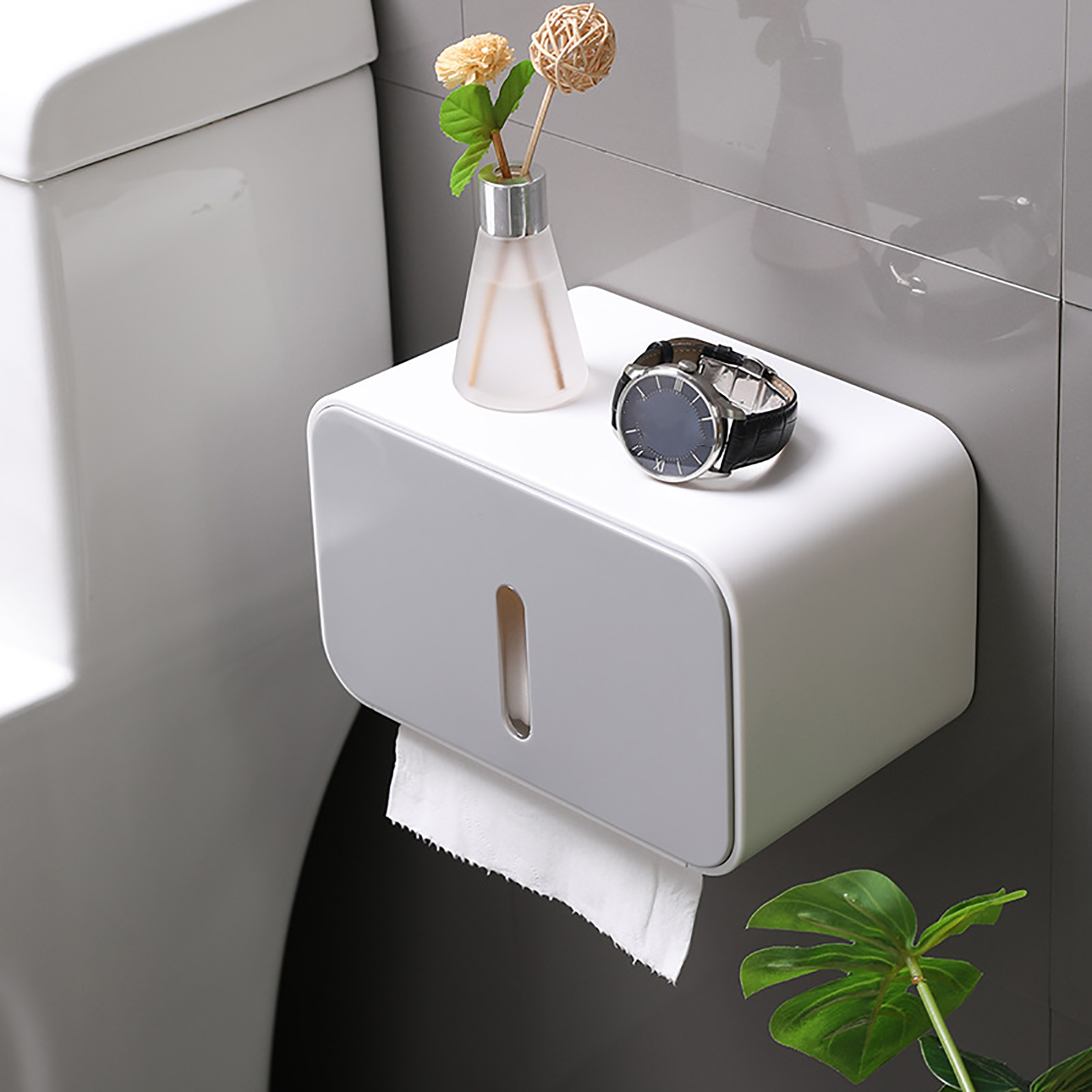 Wandmontierter Toilettenpapierhalter, Kein Bohren Erforderlich, Wasserdichte Toilettenpapierbox, Graues Toilettenpapier-aufbewahrungsregal.
