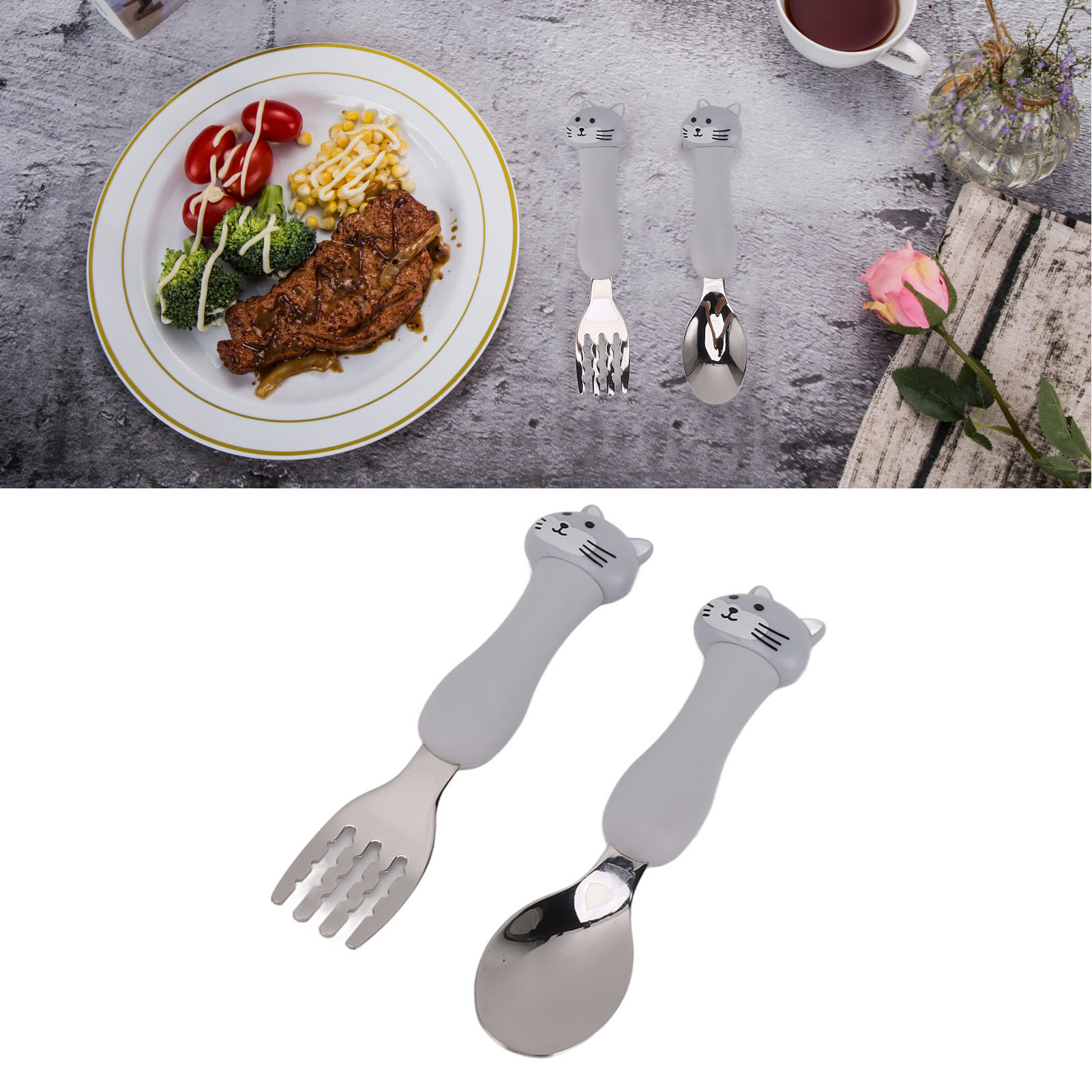 Kinderbesteckset Aus Edelstahl 304 Mit Gabel Und Löffel Im Tiermotiv (kätzchen).