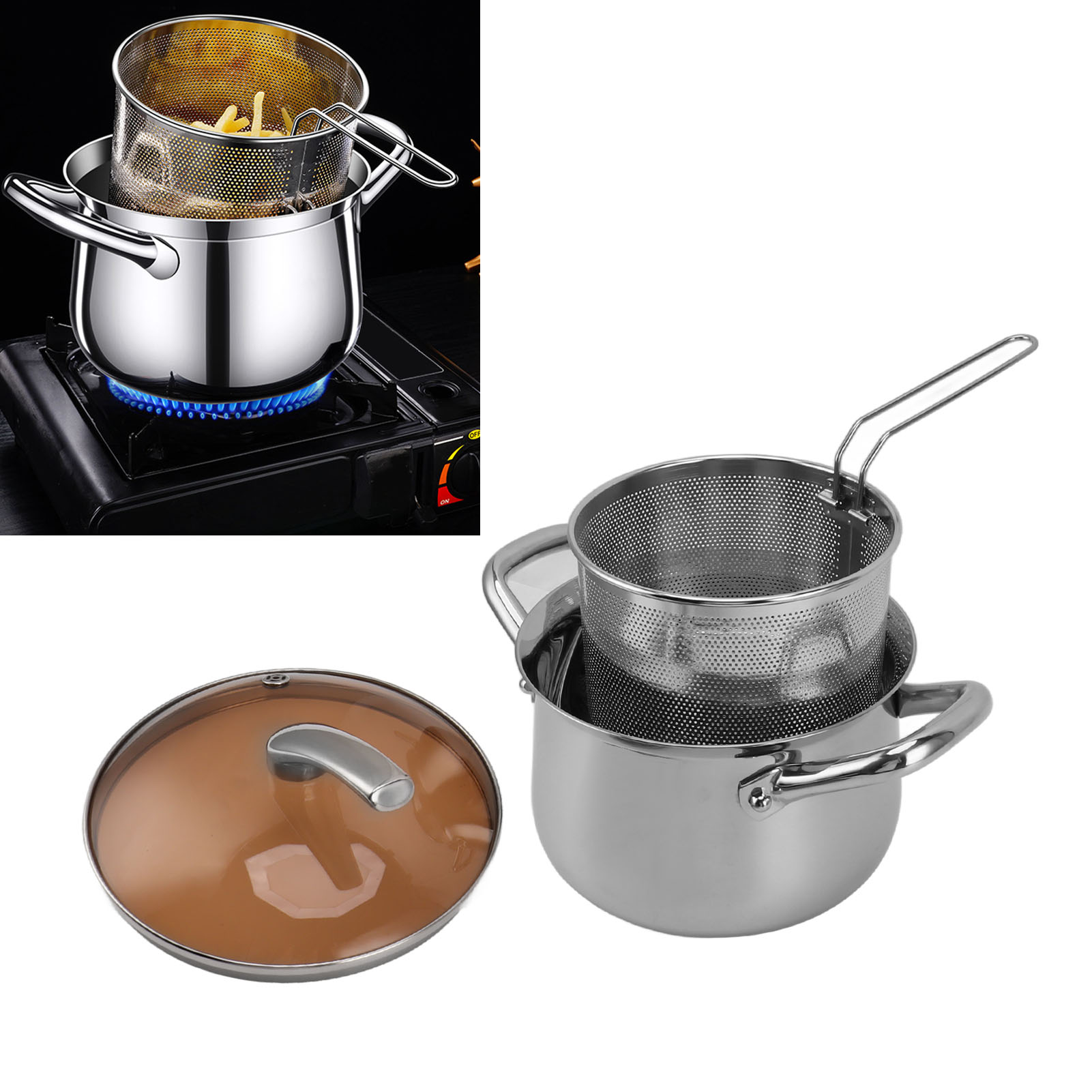 Multifunktionale 20 Cm Fritteuse Aus Edelstahl 304, Die Auch Als Kochtopf Und Bratpfanne Dient.