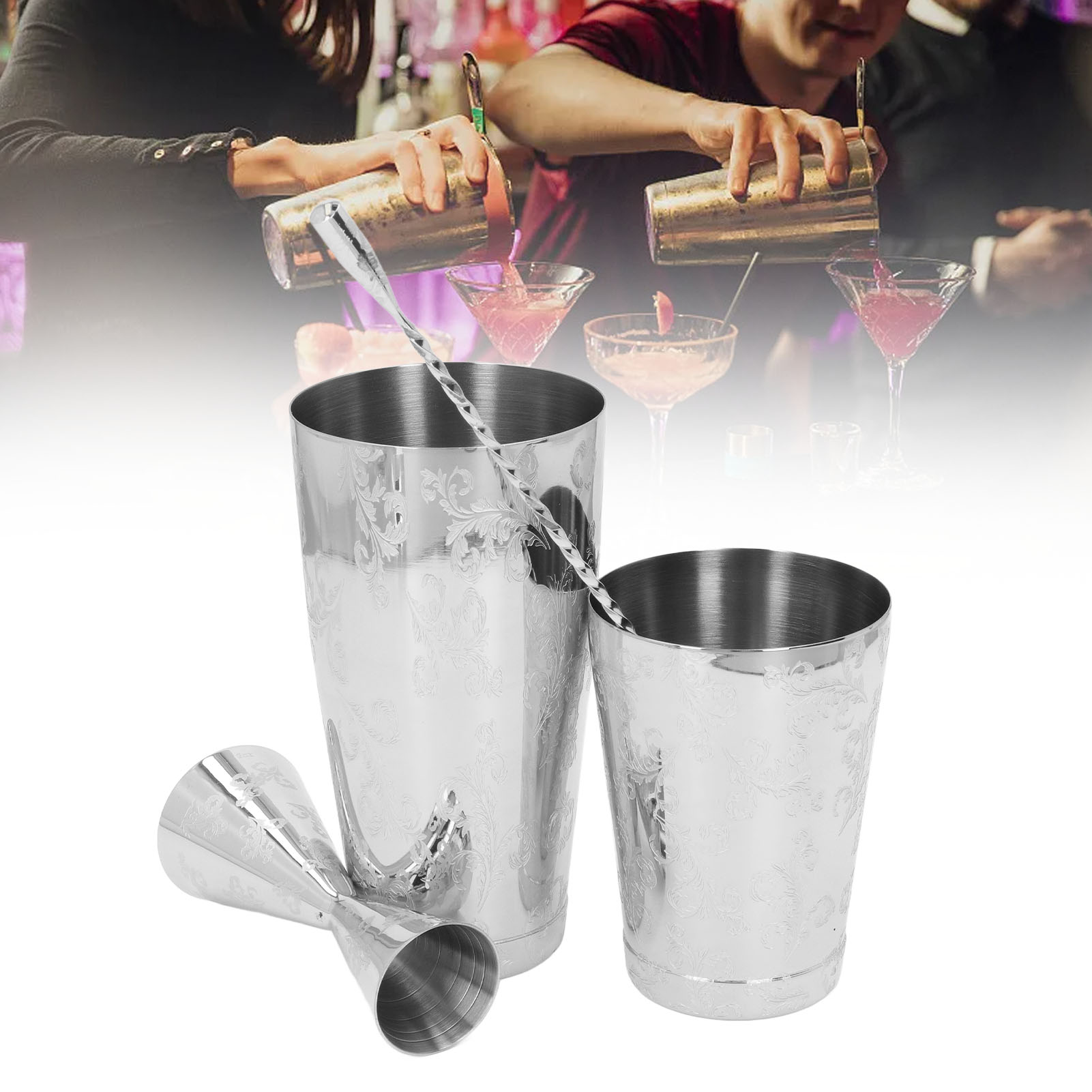 Dreiteiliges Set Aus Edelstahl 304: Graviertes Boston Hall Glas, Messglas Und Eiswürfelbehälter.