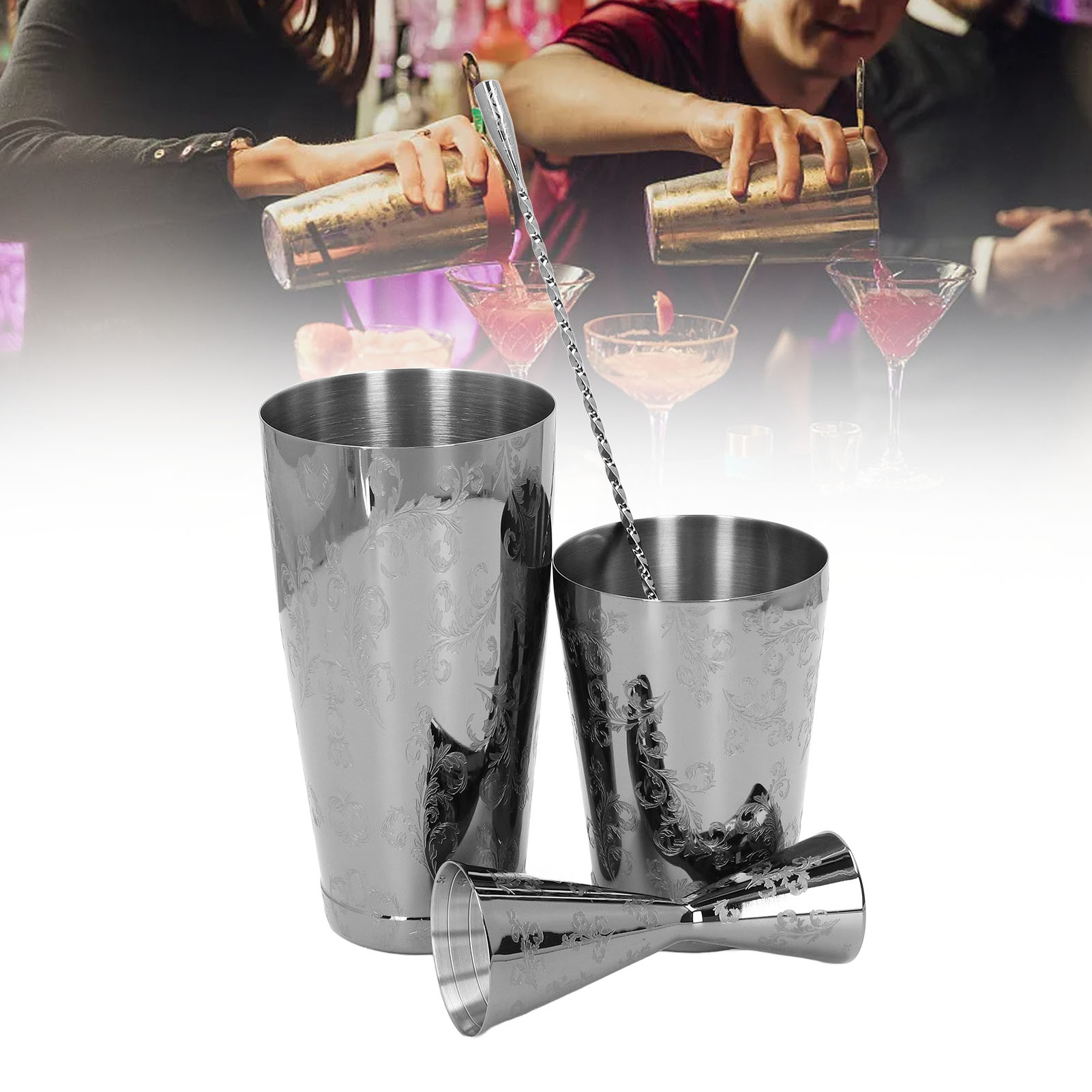 Dreiteiliges Set Aus Edelstahl 304, Graviertes Boston Hall Glas, 30-ml-becher, Eisshaker Und Messbecher (zweiteilig)