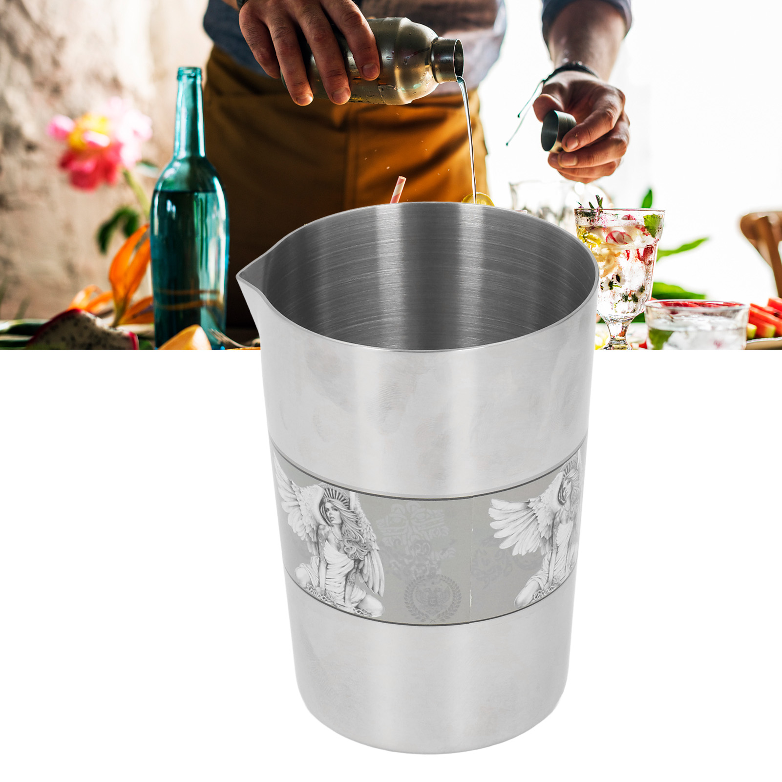 Vintage-cocktailglas Aus Edelstahl 304, Großes Modell Mit Einem Spiegelnden Muster, Das Eine Fliegende Göttin Darstellt.