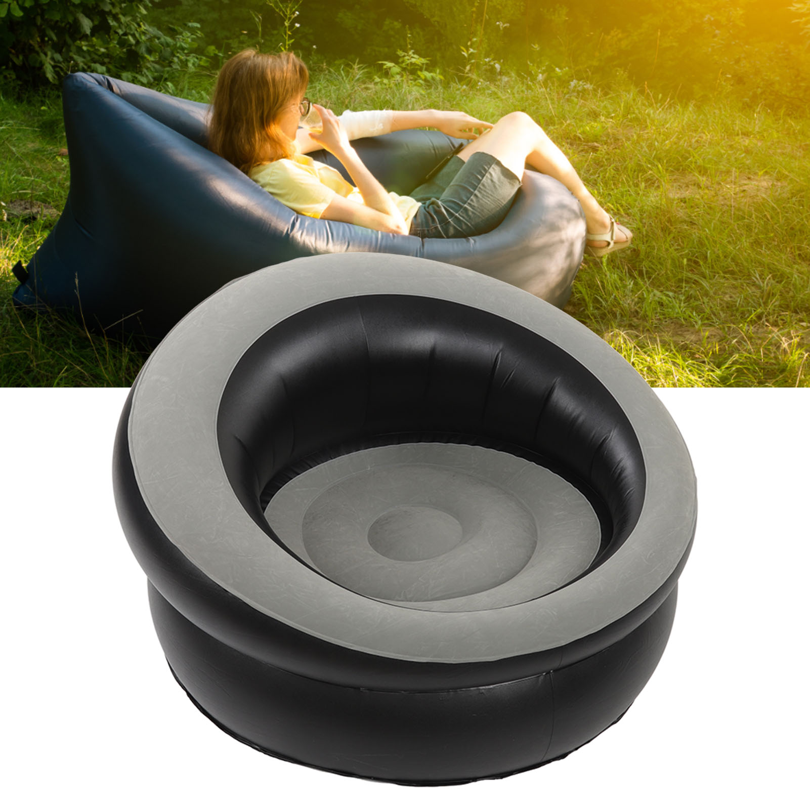 Beflocktes, Aufblasbares Pouf-sofa, Schlichtes Design, Geeignet Für Wohnzimmer, Schlafzimmer, Lesezimmer, Büro, Balkon, Reisen Im Freien Usw., Grau.
