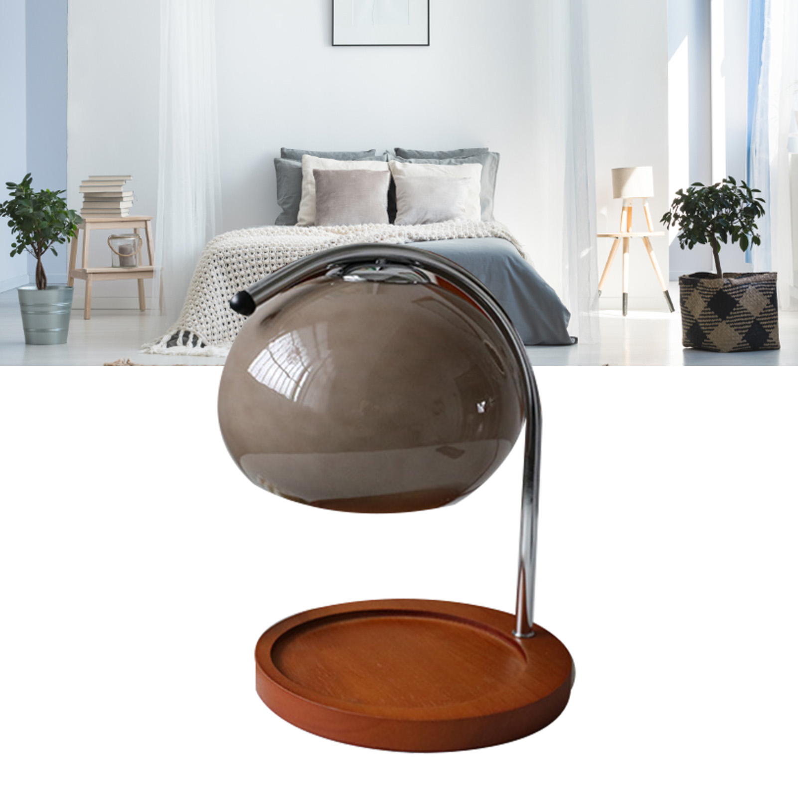 Retro-tischleuchte Aus Massivholz Und Rauchgrauem Glas Mit Ablagefach, Aromalampe Mit Duftkerze, Nachttischlampe, Rauchgraue Duftkerzenlampe Fürs Büro, Inklusive Dimmer