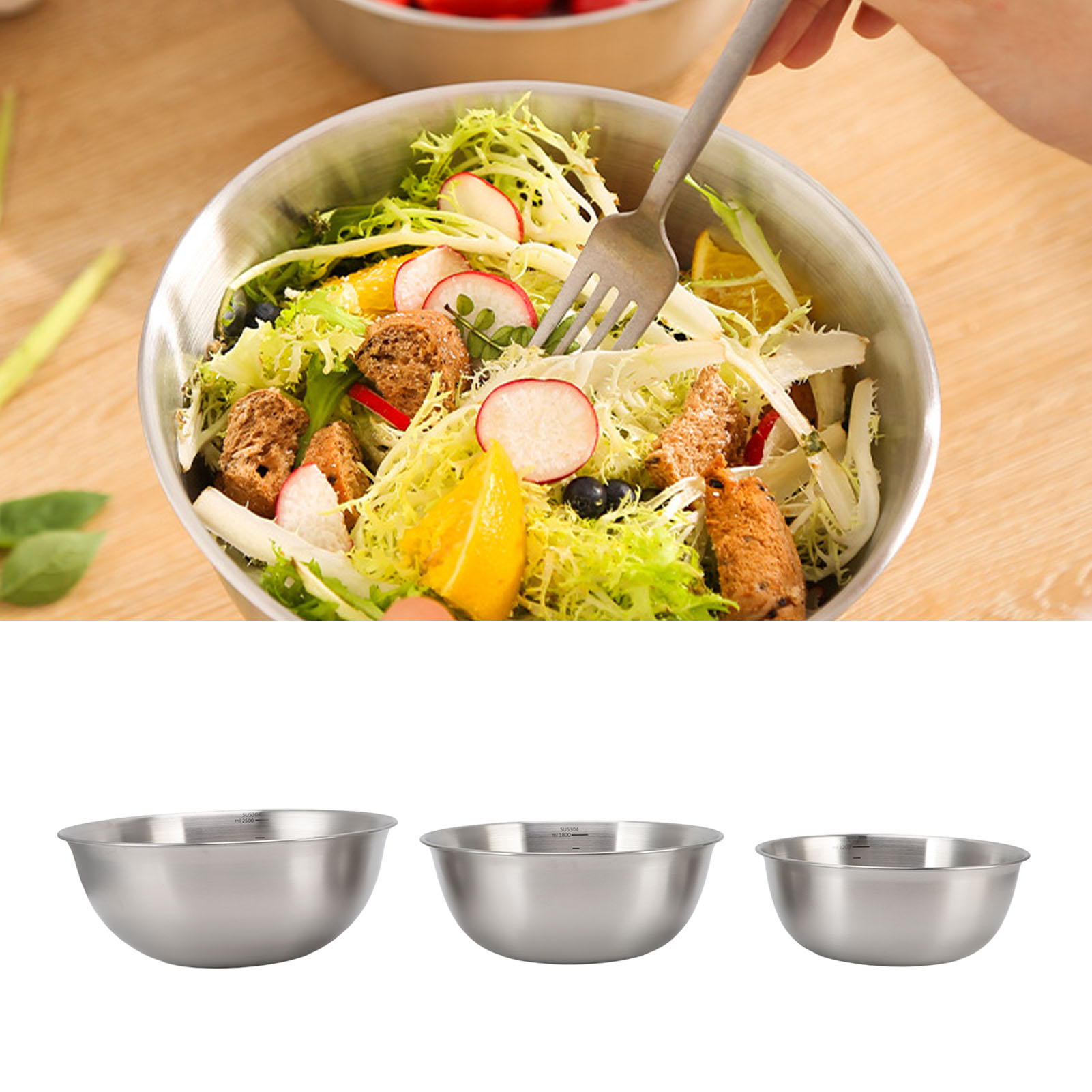 Dreiteiliges Set In Einer Farbenfrohen Box Aus Edelstahl 304, Bestehend Aus Einer Messschüssel, Einem Obstkorb, Einer Gebäckschüssel Und Einer Rührschüssel.
