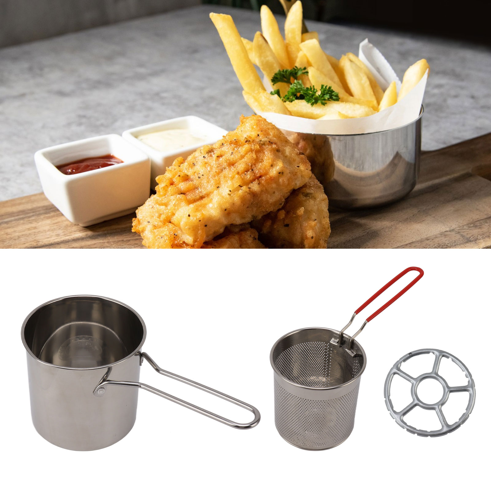 Miniaturfritteuse Aus Edelstahl 304 Mit Tiefem Behälter Und Siebeinsatz, Bestehend Aus Frittierkörper, Siebkorb Und Kochrost.