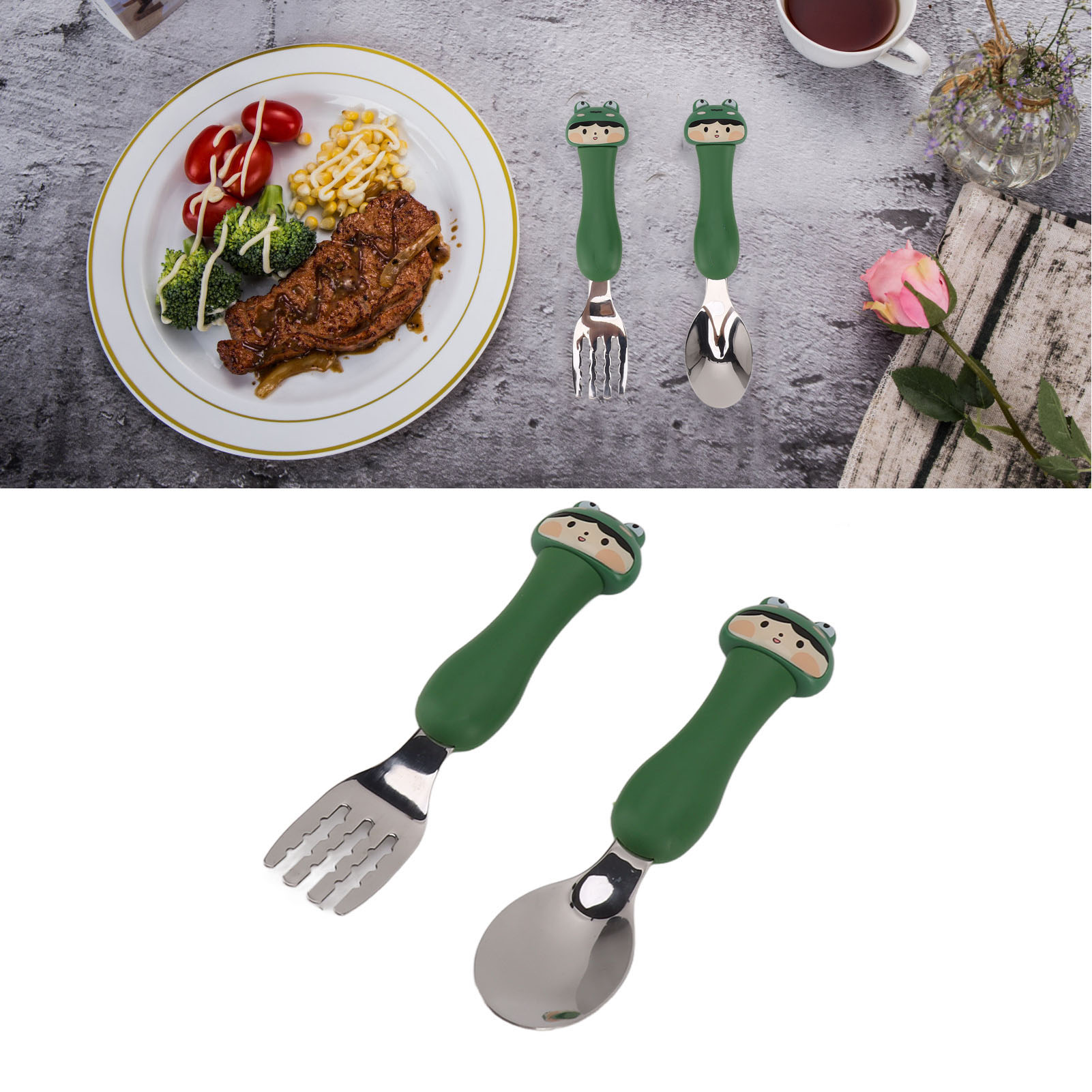 Kinderbesteckset Aus Edelstahl 304 Mit Gabel Und Löffel Mit Tiermotiv (froschkopf)