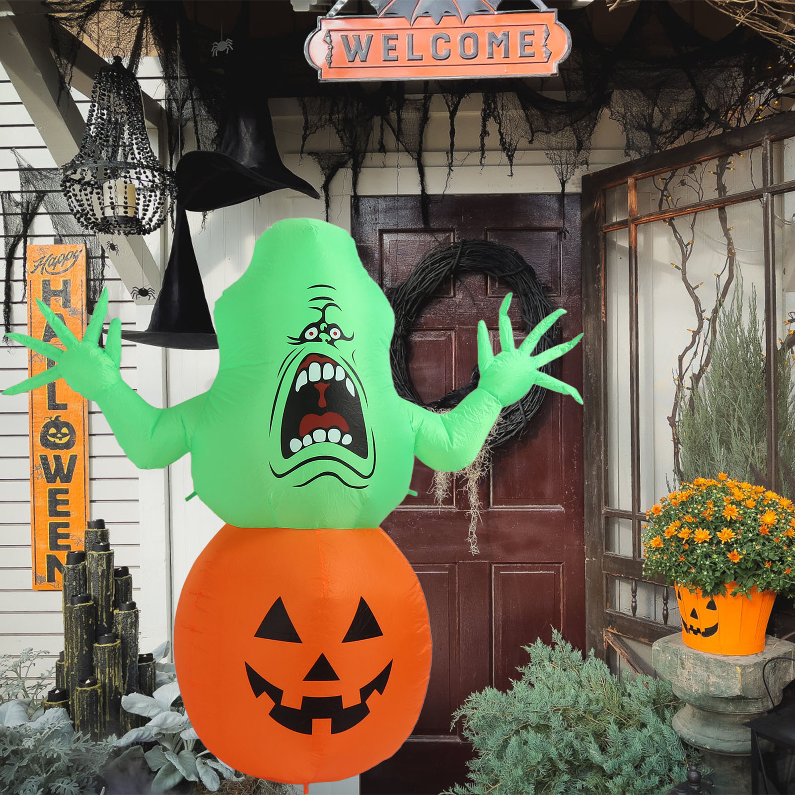 Aufblasbare Halloween-dekoration In Form Eines Grünen Geisterkürbisses (1,5 M), Schutzart Ip44, Mit Gebläse Und Led-beleuchtung. Aufblasbare Außendekoration, Europäischer Standard 220–240 V.