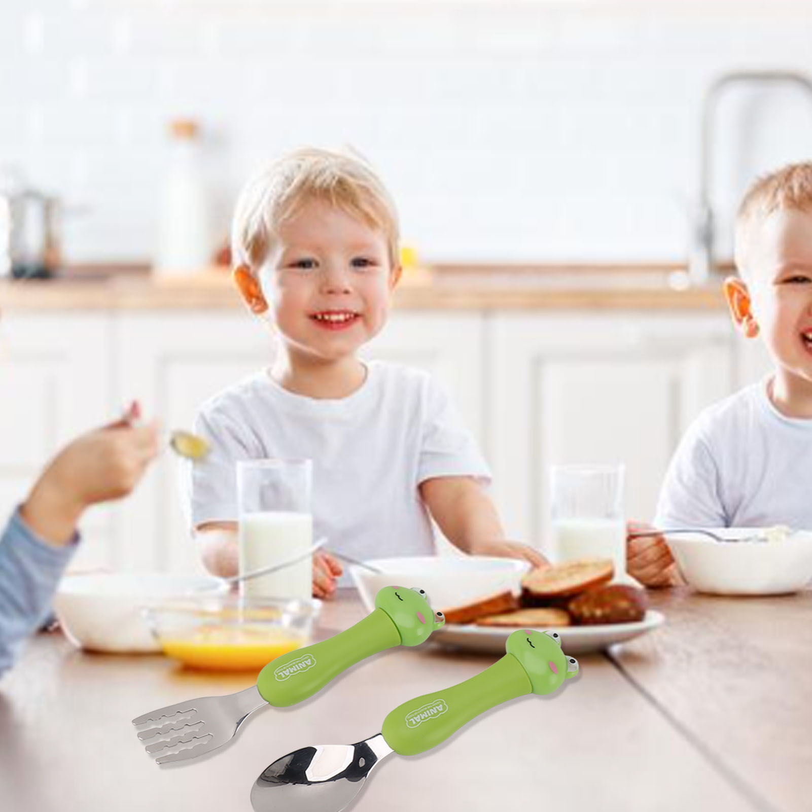 Kinderbesteckset Aus Edelstahl 304, Gabel Und Löffel Mit Tiermotiven, Frosch, Zweiteiliges Set
