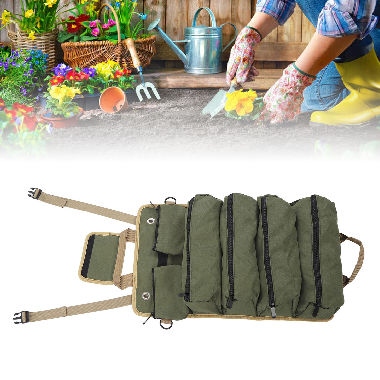 Aufrollbare Multifunktions-werkzeugtasche, Gartenwerkzeugtasche, Aufbewahrungstasche, Grün