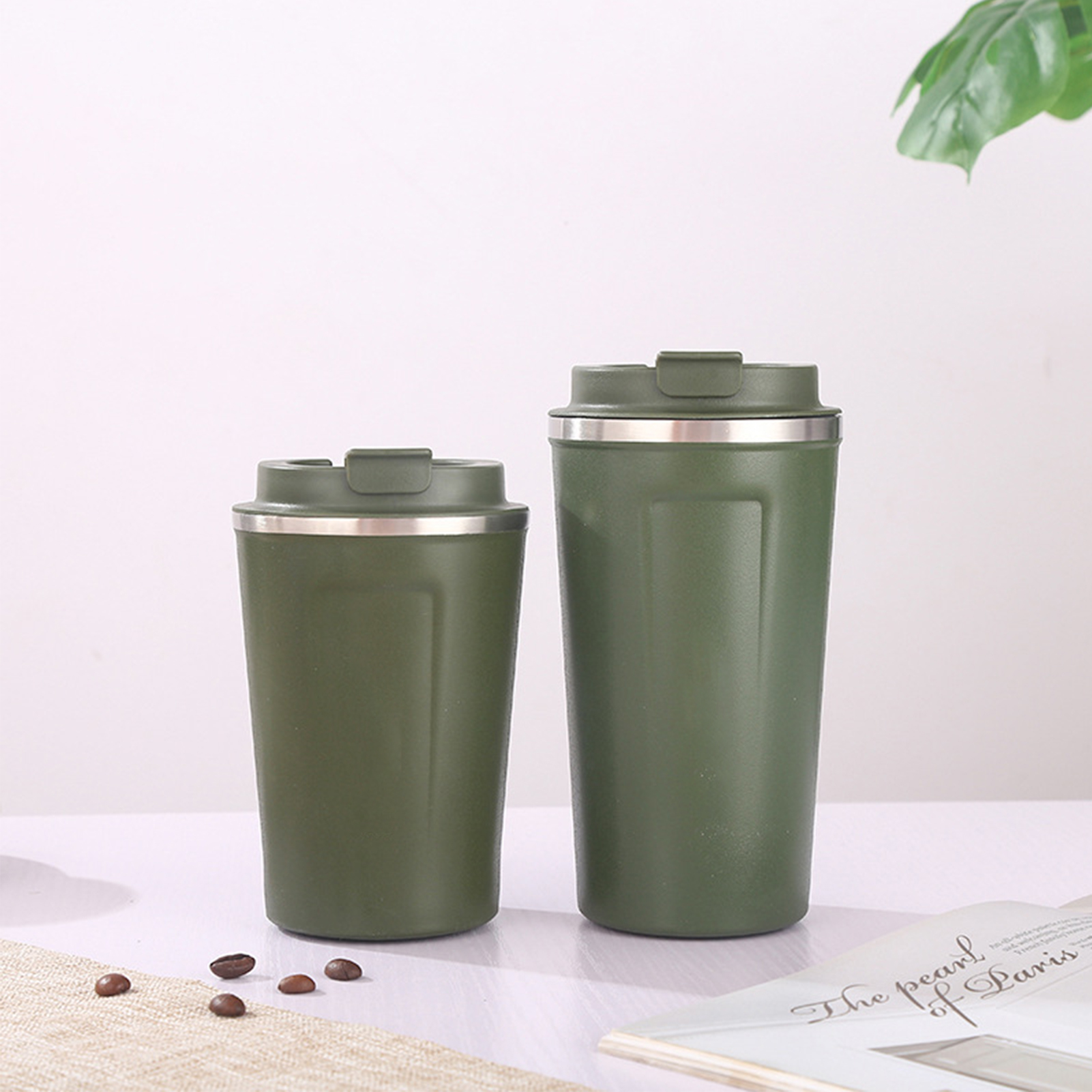 Stilvoller Und Tragbarer Becher Aus Edelstahl 304, Isoliert Für Heiße Und Kalte Getränke, Geprägtes Design, Militärgrün, 380 Ml