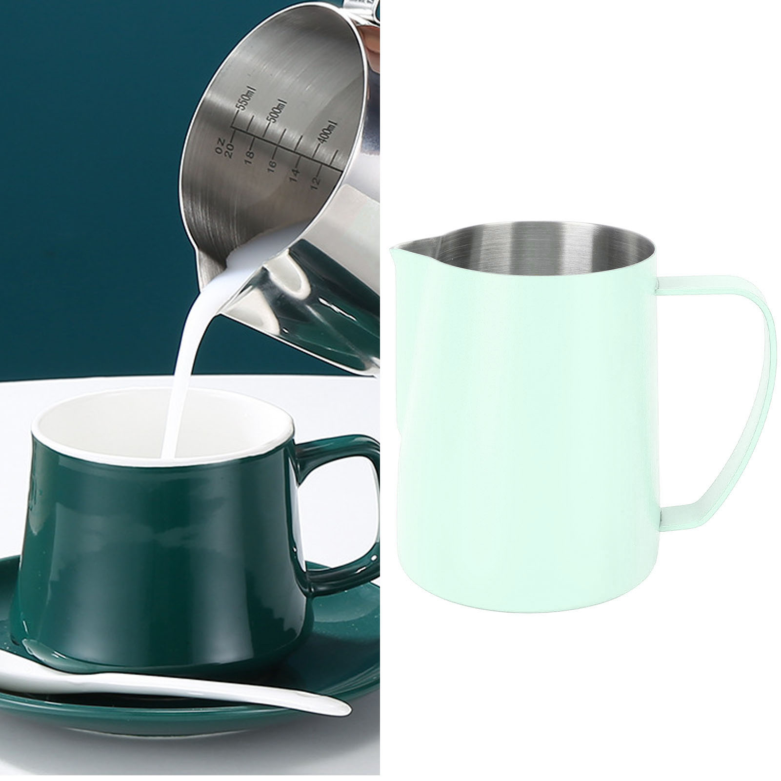 600 Ml Latte-art-becher Aus Edelstahl Mit Innenskala Und Spitzem Ausguss, Grün