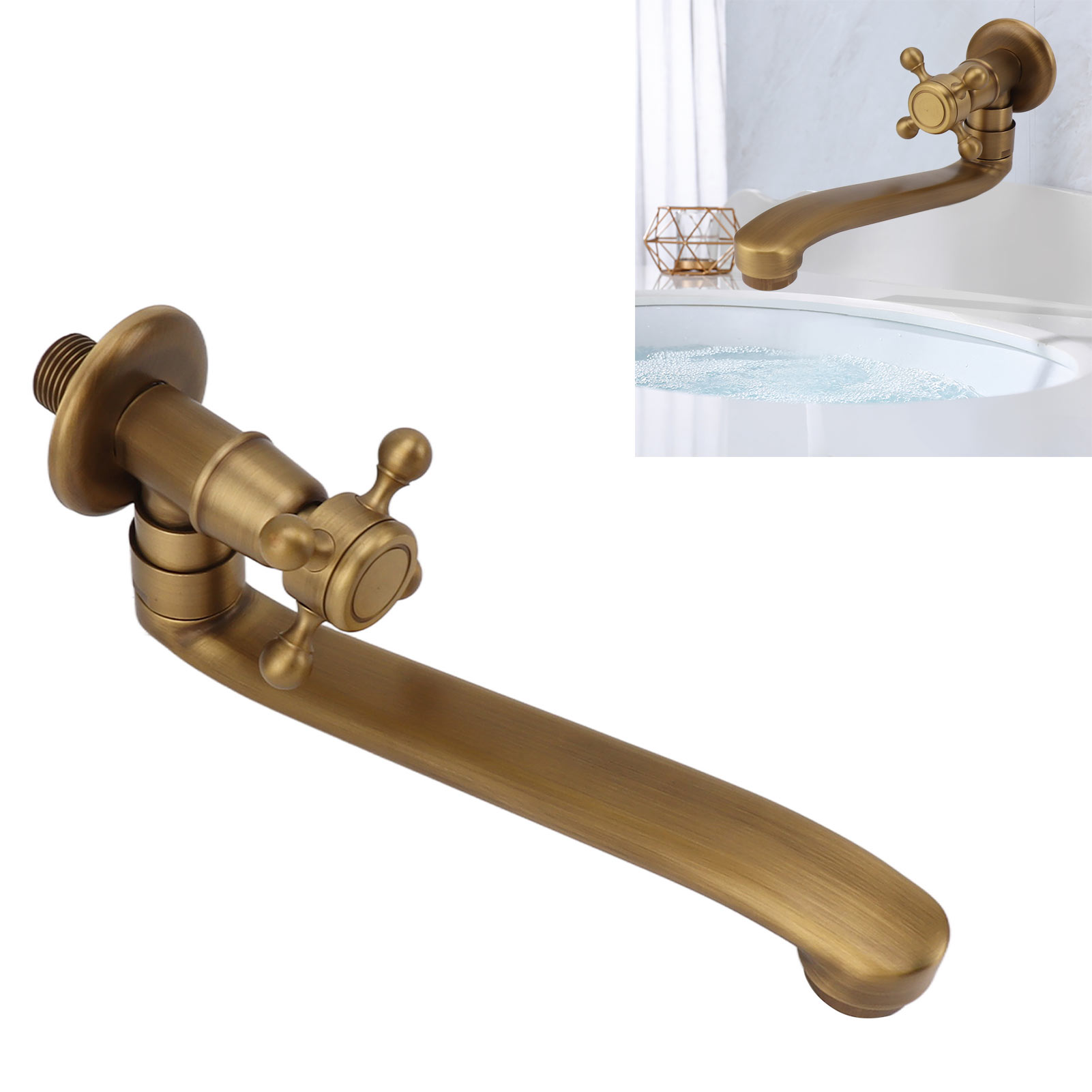 Wandarmatur Im Antik-stil, Einzelner Kaltwasser-außenwasserhahn, Längliches Ganzkupfer-waschbecken, Retro-innenhofarmatur, Frostfreier Runder Auslauf.