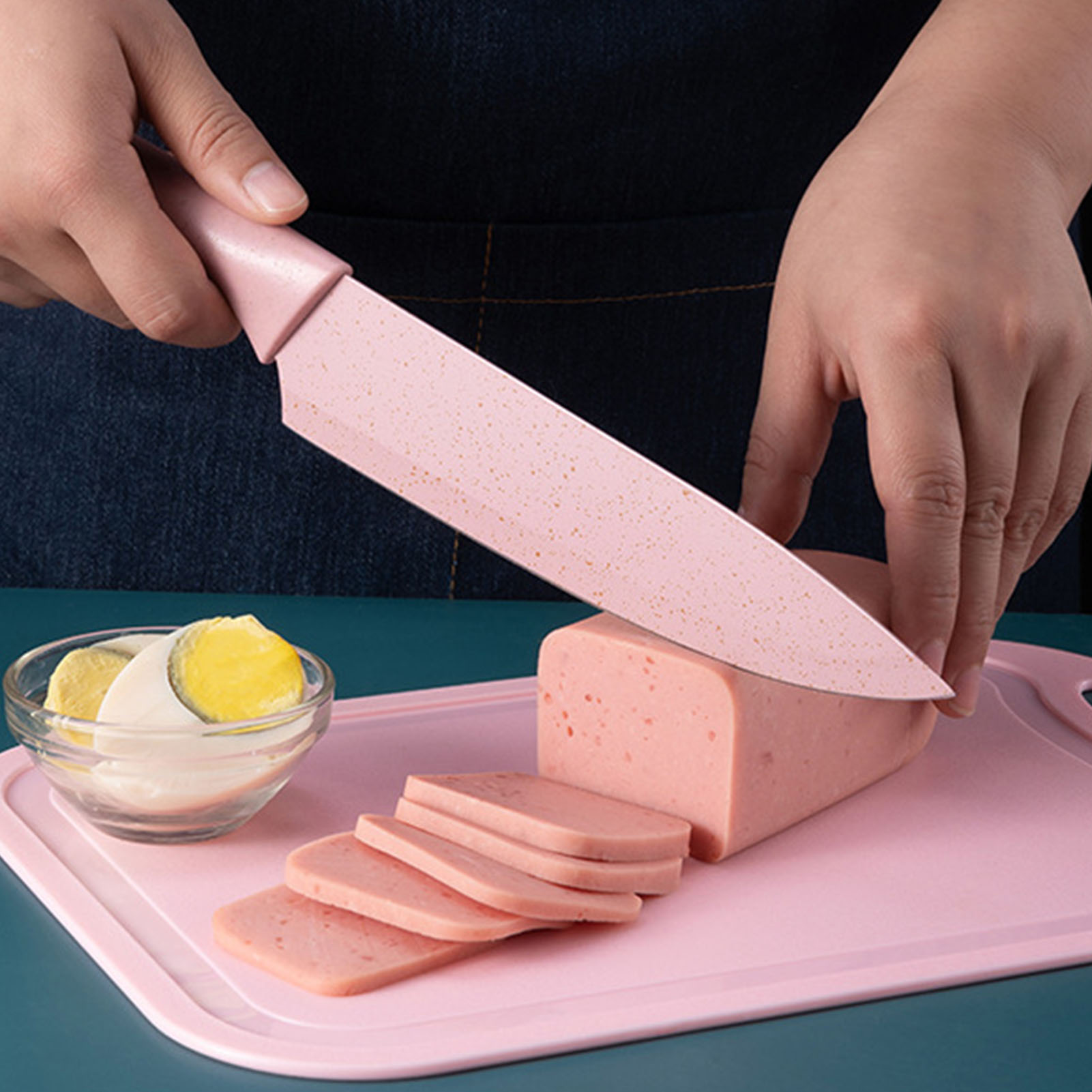 7-teiliges Set Aus Weizenstrohmessern Mit Schneidebrett, Küchenmesserset Aus Edelstahl, Küchenmesserset In Macaron-farbe.