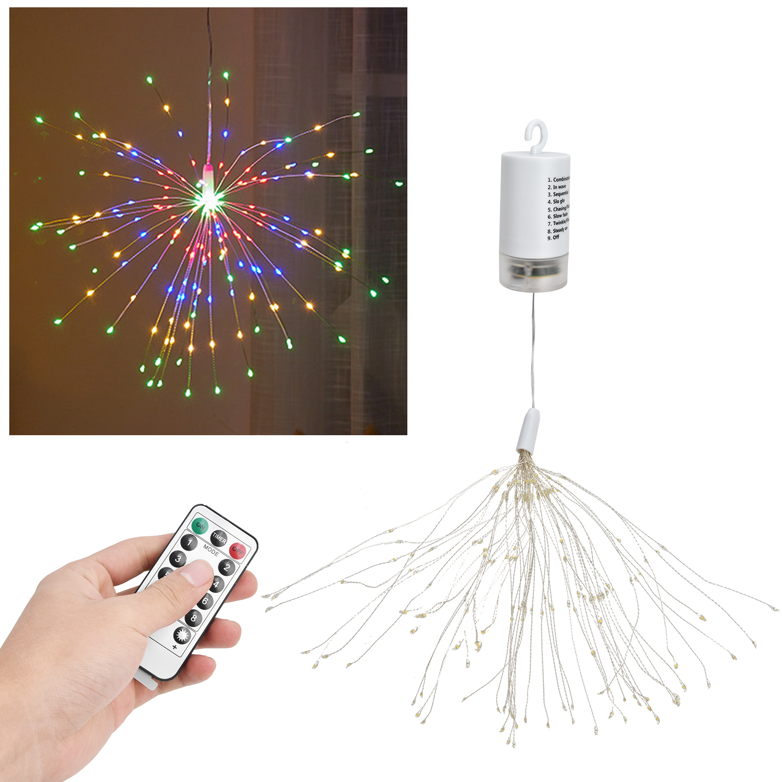 200-lichterkette Mit Feuerwerksähnlichem Effekt, Kupferdraht, Batteriebetrieben, Zum Aufhängen, Mit Fernbedienung Und 8 Beleuchtungsmodi. Ideal Für Partys, Terrassen Und Schlafzimmer. Farbenfrohes Lic