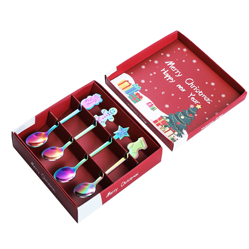 Geschenkset, Teelöffel Aus Goldfarbenem Edelstahl, Kreatives Und Hochwertiges Geschirr, Dessert- Und Kuchenlöffel, Weihnachtslöffel, Vierteiliges Set Mit Irisierenden Reflexen
