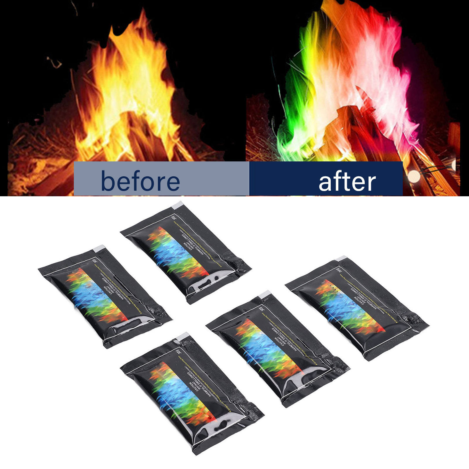 5 Beutel/1 Farbiges Flammenpulver Für Grillen, Camping, Lagerfeuer, Partys Mit Funken, Farbwechselpulver Für Campingheizstrahler, 30 G