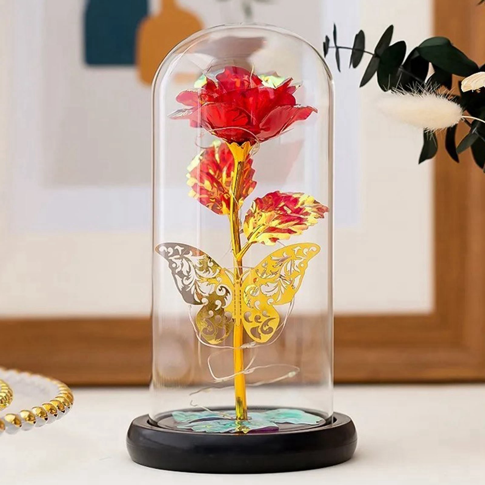 Regenbogenblume, Verziert Mit Goldenen Blättern Und Lichtern, Konservierte Blume, Geschenk Zum Valentinstag, Weihnachten Oder Muttertag.