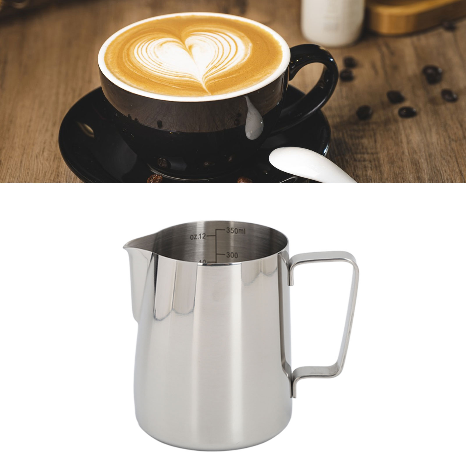 Dickwandiger Milchaufschäumbecher Aus Edelstahl 304 Mit Skala, 350 Ml, Naturfarbe