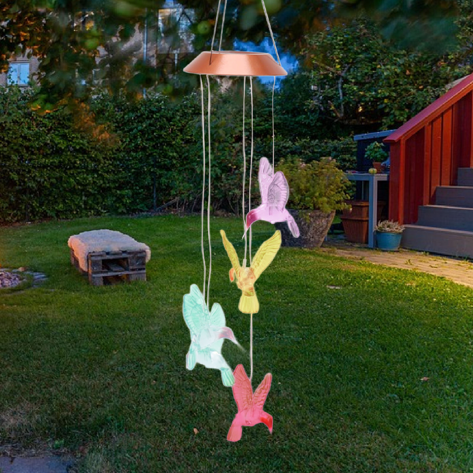 Beleuchtetes Solar-windspiel Mit Farbwechselndem Led-kolibri-design, Ideal Zur Gartendekoration.