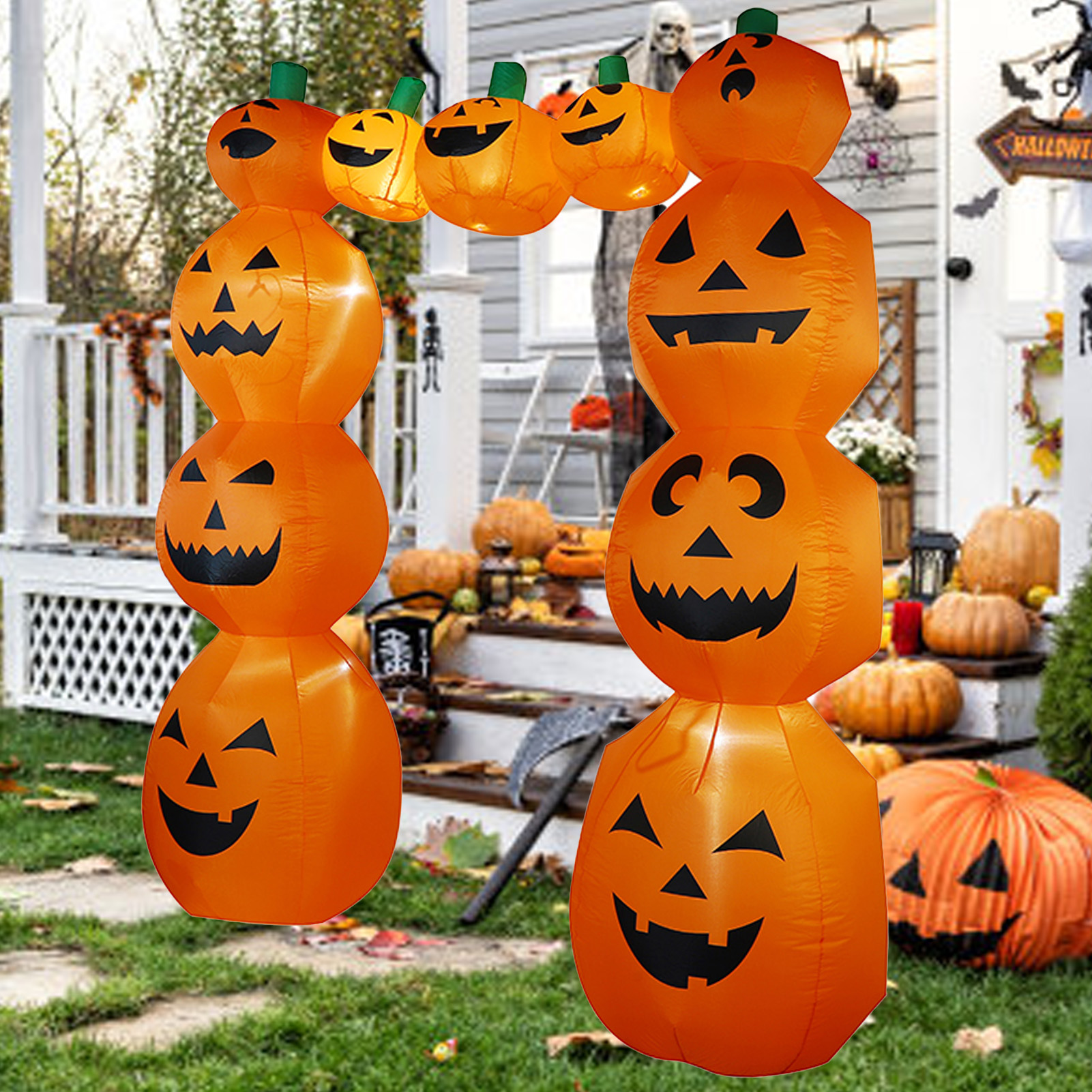Aufblasbarer Halloween-kürbisbogen 2,4 X 2 M, Schutzart Ip44, Mit Gebläse, Riesige Kürbislaterne, Künstlicher Familienkürbis Mit Led-beleuchtung, Aufblasbare Außendekoration, Europäischer Standard 220