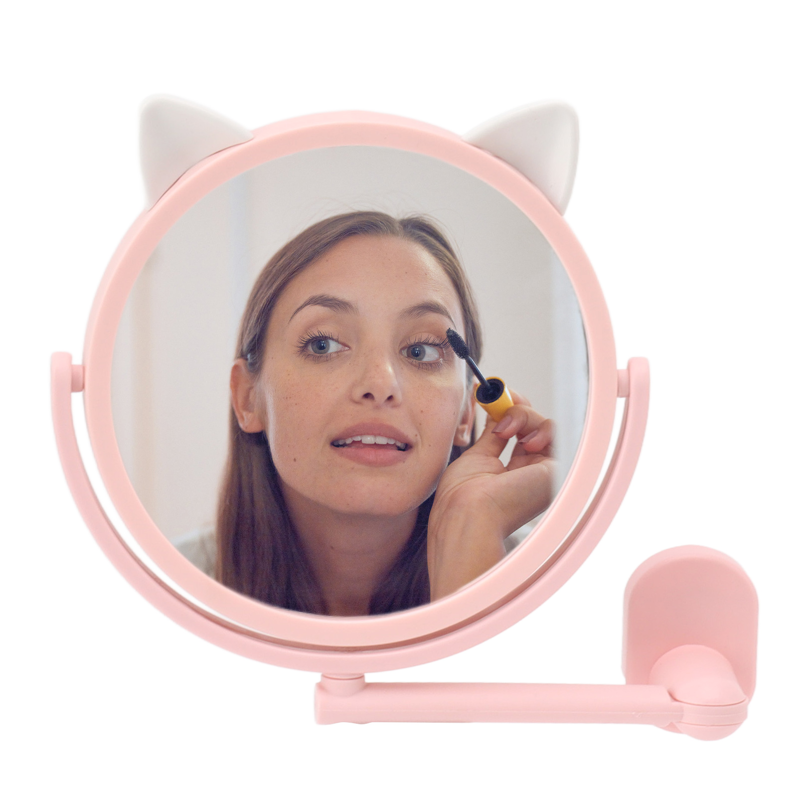 Schminkspiegel, Wandmontierter Katzenohren-make-up-spiegel, Cartoon-geschenkspiegel, Kein Bohren Erforderlich, Einseitiger Runder Badezimmerspiegel, Rosa.