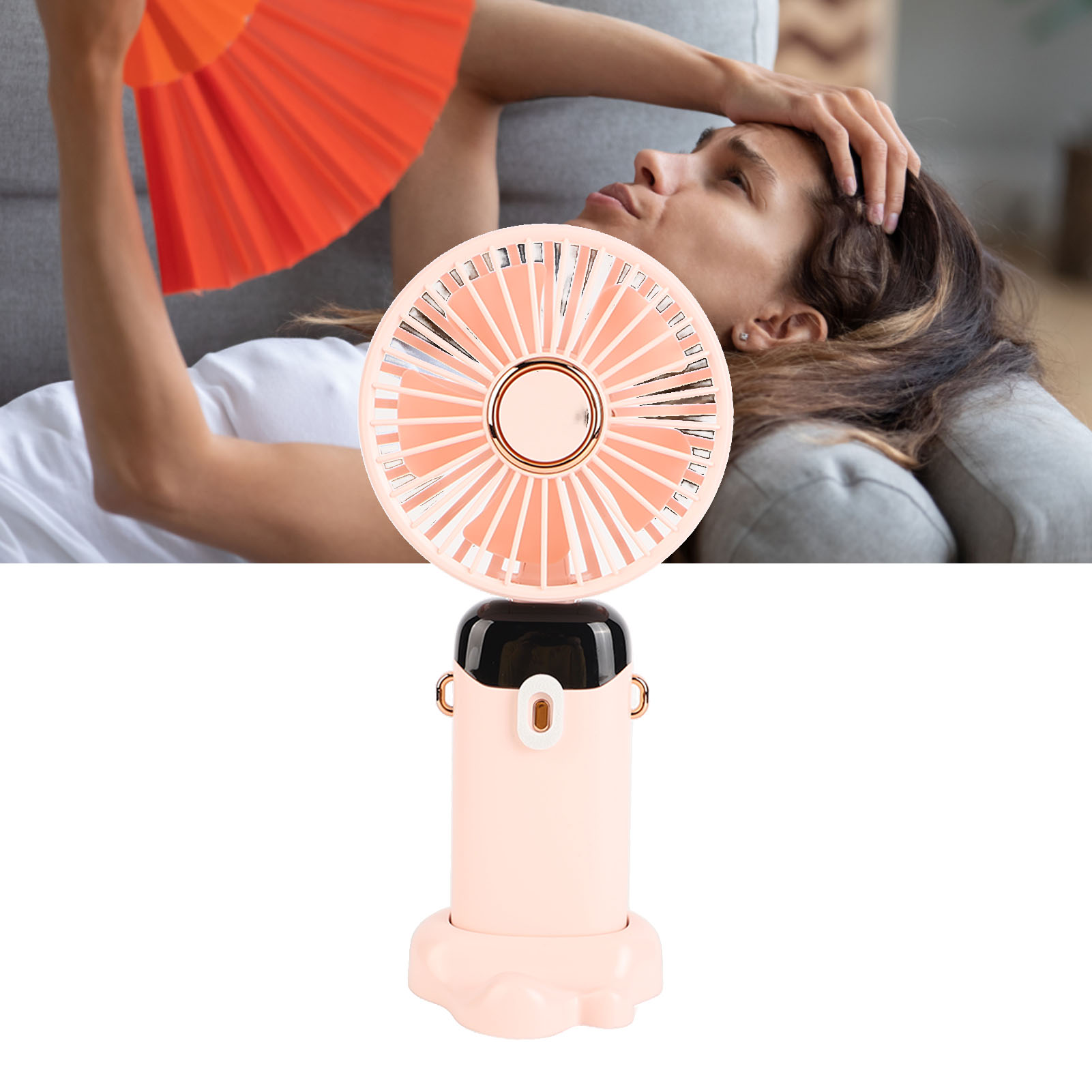 Tragbarer Nackenventilator, Intelligenter Ventilator Mit Digitalanzeige, Faltbarer Ventilator, Usb-aufladbar, Rosa.