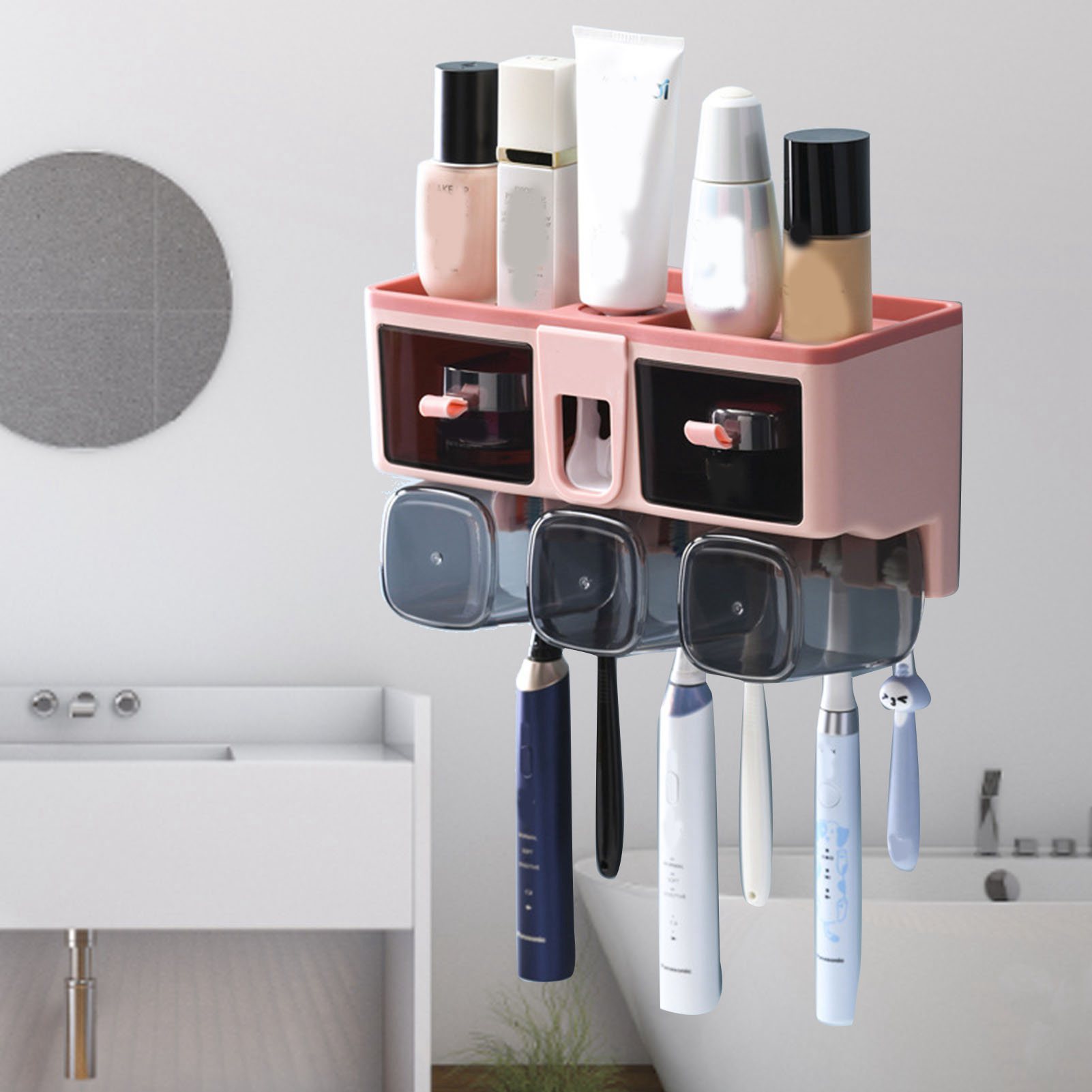 Zahnbürstenhalter, Mundspülbecher, Wandmontierte Badezimmer-aufbewahrungsbox, Kein Bohren Erforderlich, Set Mit Drei Rosa Bechern
