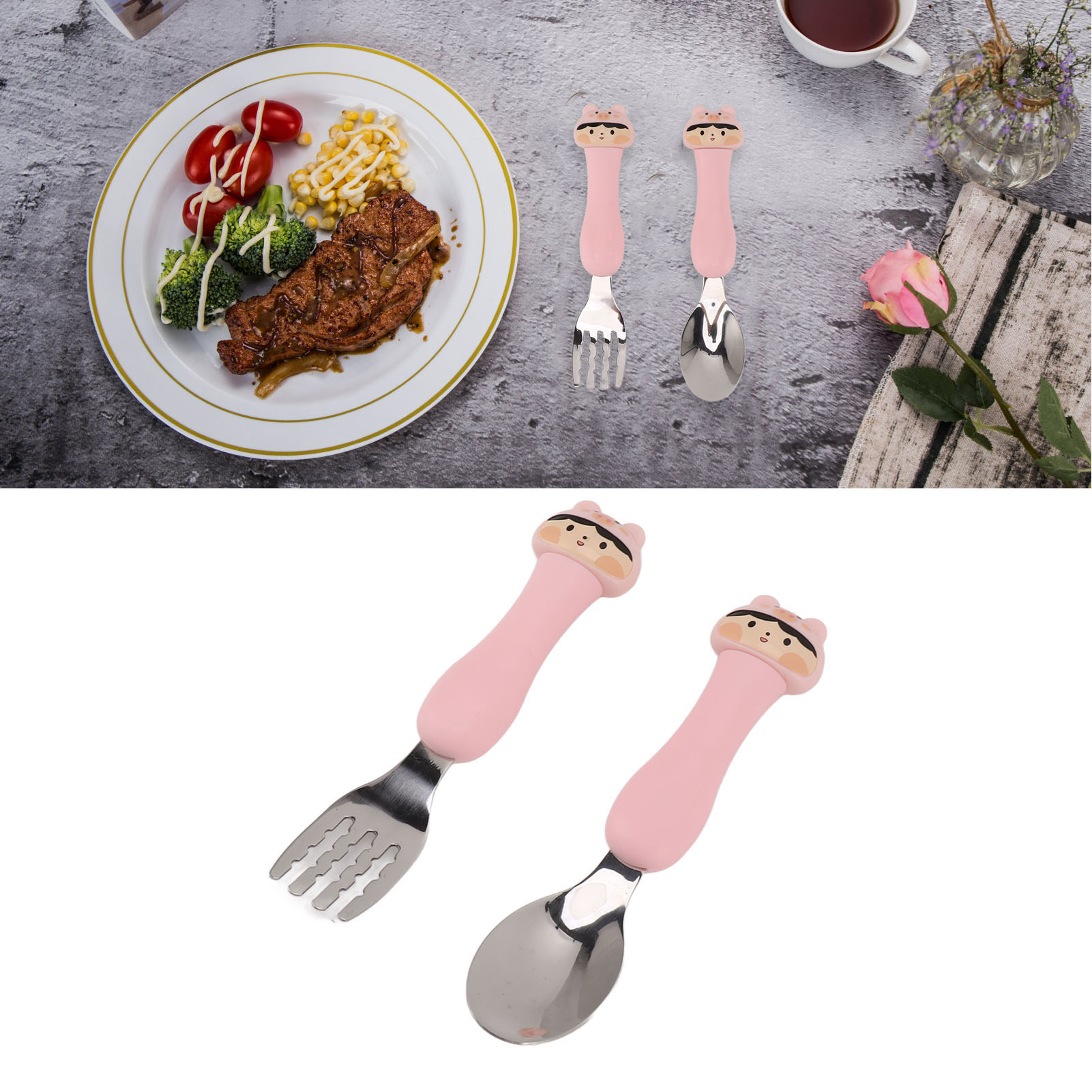 Kinderbesteckset Aus Edelstahl 304 Mit Gabel Und Löffel In Schweinskopfform, Bestehend Aus Einer Gabel Und Einem Löffel.