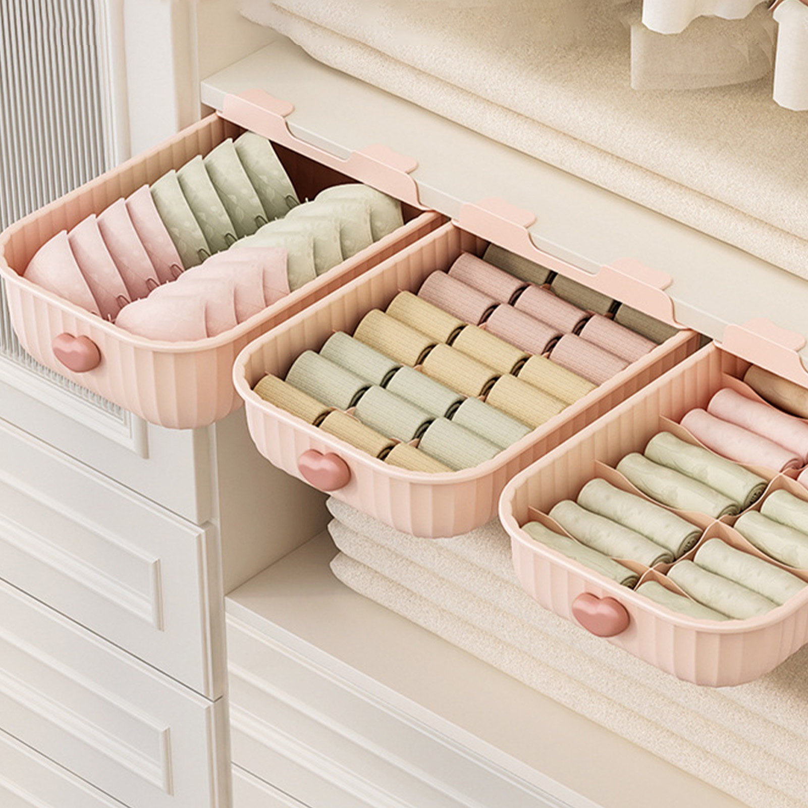 3-teiliges Aufbewahrungsset Für Dessous (bhs, Höschen, Socken), Kleiderschrank-organizer, Unterteilte Schublade Für Unterwäsche, Rosa.